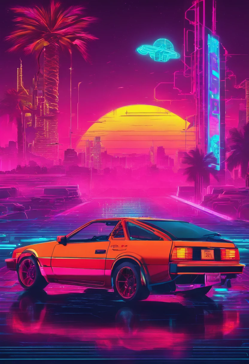 retrowave synthwave background with neon lights everywhere, main object- nissan s30