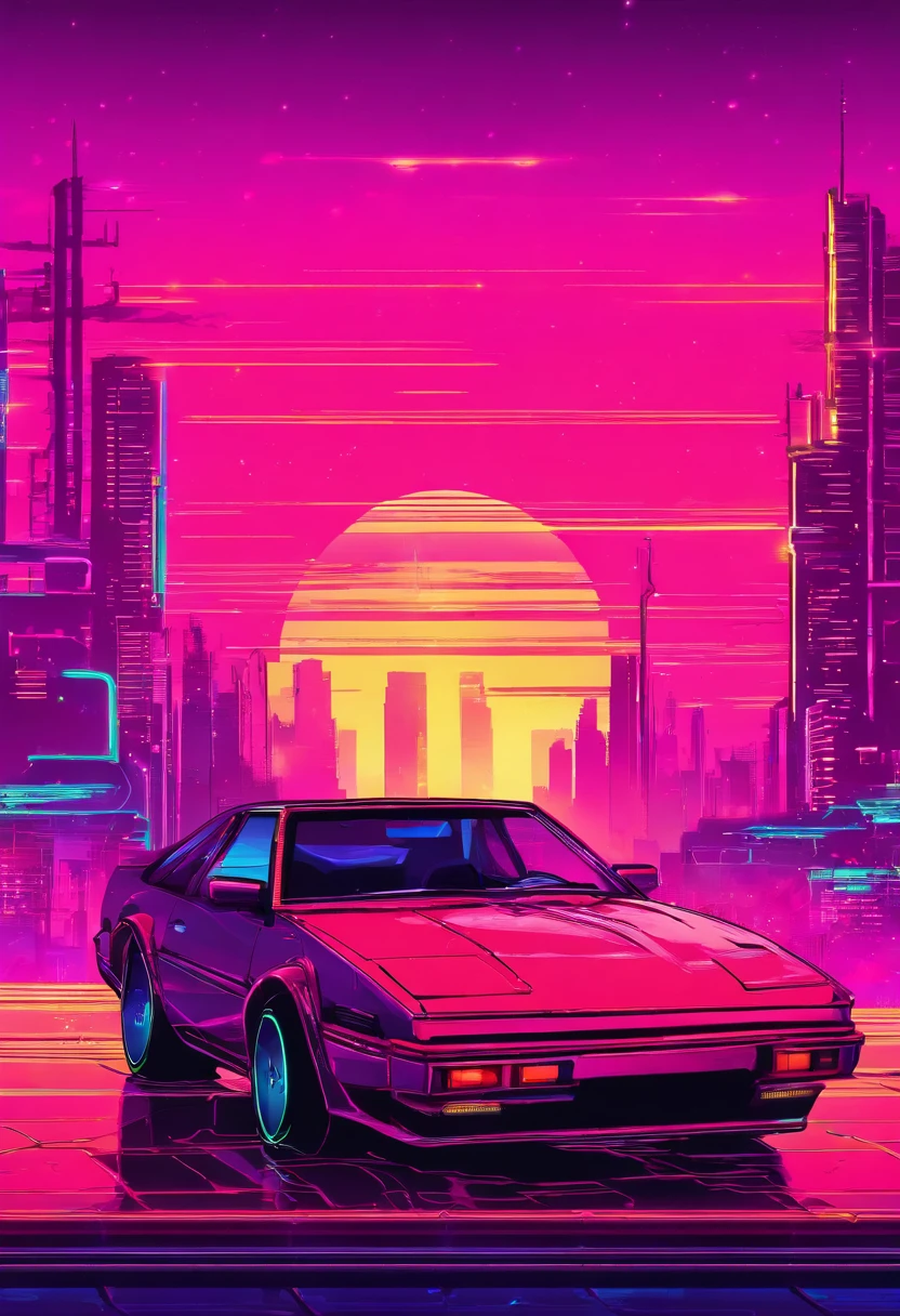 retrowave synthwave background with neon lights everywhere, main object- nissan s30