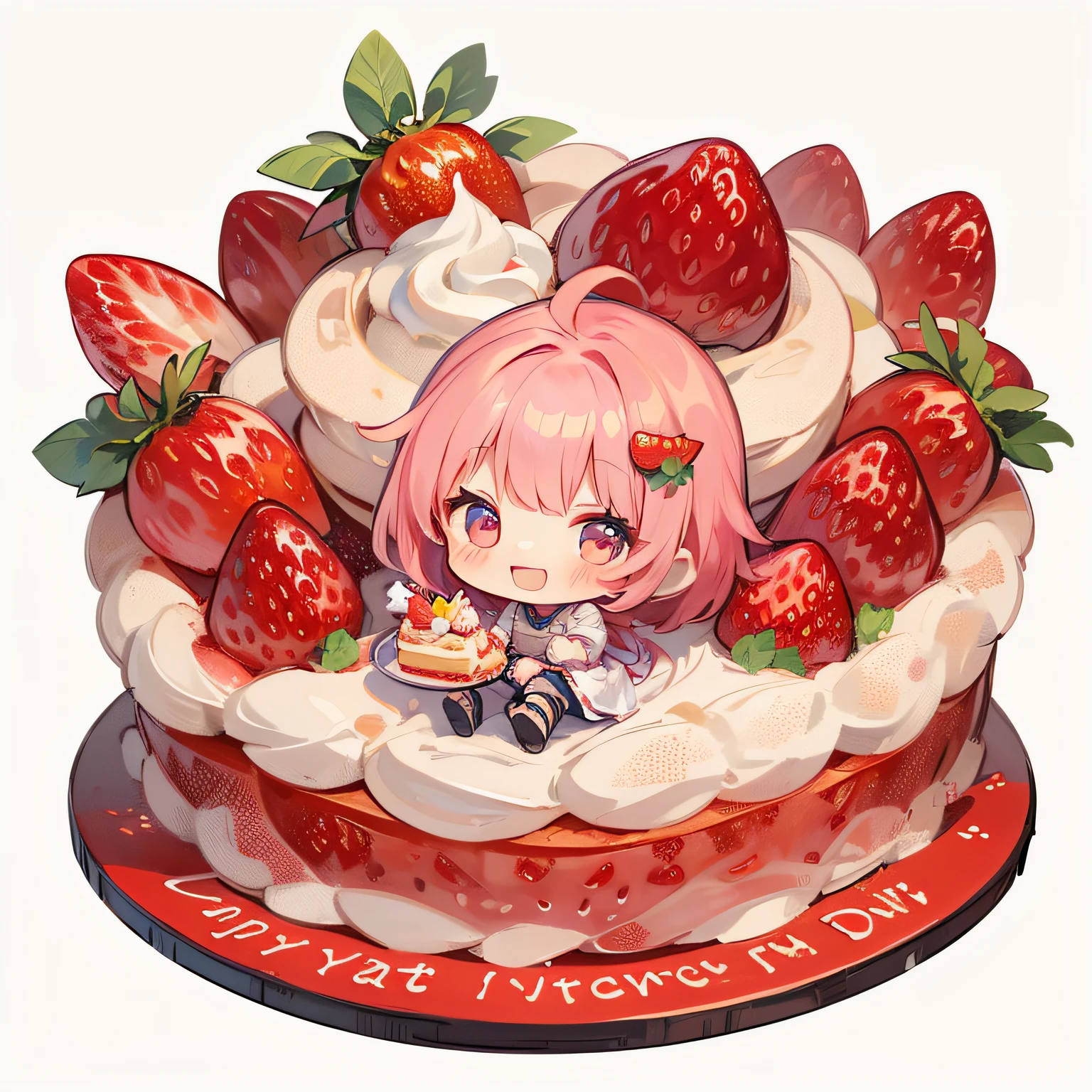 (Eat strawberry shortcake:1.2), girl with, Solo, Full body, Ahoge, (Chibi Character), (Deformed), my child, Colorful, Happy, Smiling,