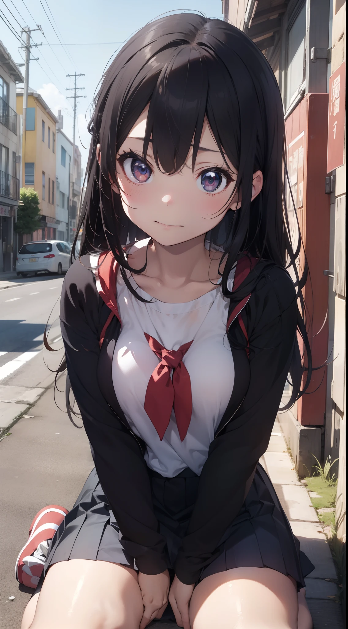 masutepiece、hight resolution、1girl in、hi-school girl、a miniskirt、Angle from the front、Sitting on your knees on the ground、Looking at the camera、Shameful face、Cute anime illustration、