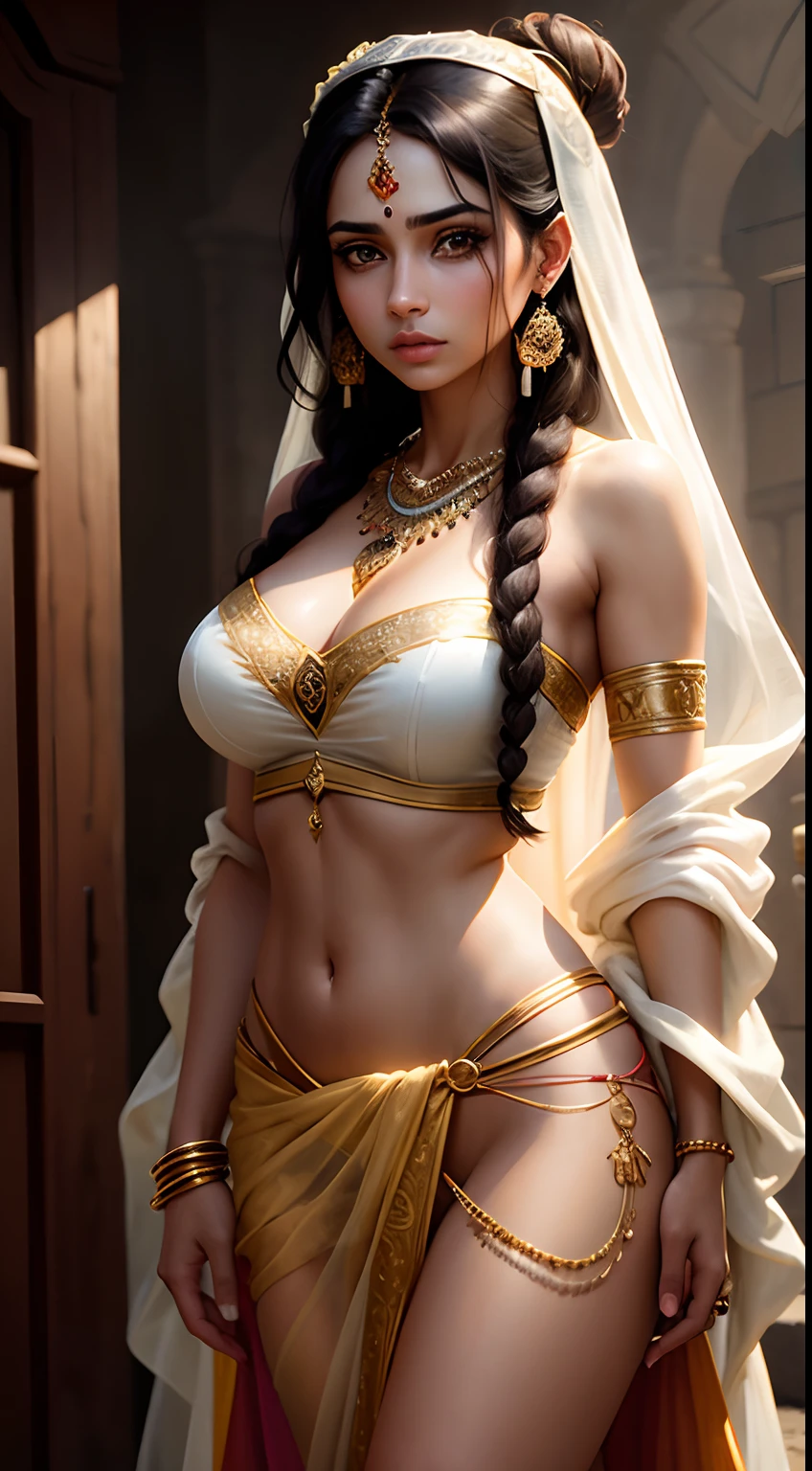Harnaaz Sandhu as a beautiful young maiden, standing in the rain, large breasts, long hair tied in a bun, wearing a strapless bra and a transparent sarong, wearing heavy makeup, long eye lashes, eye mascara, wearing golden ornaments, bindi, long earrings, necklace, arm bands, bangles, nose ring and waist chain, wet clothes, worried look, ancient misque in the background