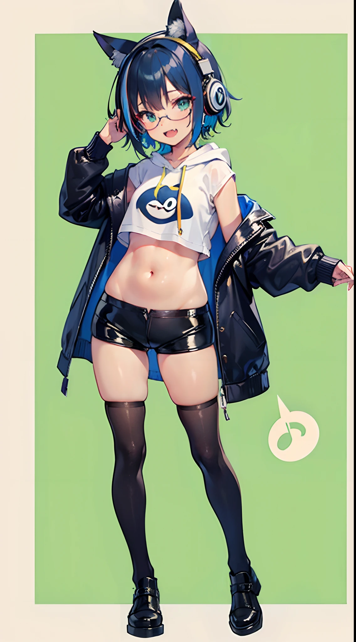 ((1girl)),(((full body))),(solo),(standing),((green background,simple background)),open mouth slightly,two-tone hair,(((dark blue hair:1.2))),blue hair,streaked hair,blonde streaked hair,short hair, (((flat breasts))),,kawaii,little girl, tall,6 years old,((Navel ,(tan skin:1.3), plump thighs, tareme, glasses, ((light smile)), fang, ((black leather short pants)),dark thigh high socks,  musical note earrings,ware over a long front-opening hoodie,ware over a penguin hoodie, take off the hood, baggy hoodie,baggy headphone,(blue t-shirt), ((((masterpiece)))), high quality, very_high_resolution, ulutra detailed, large_filesize, full color, anatomically correct