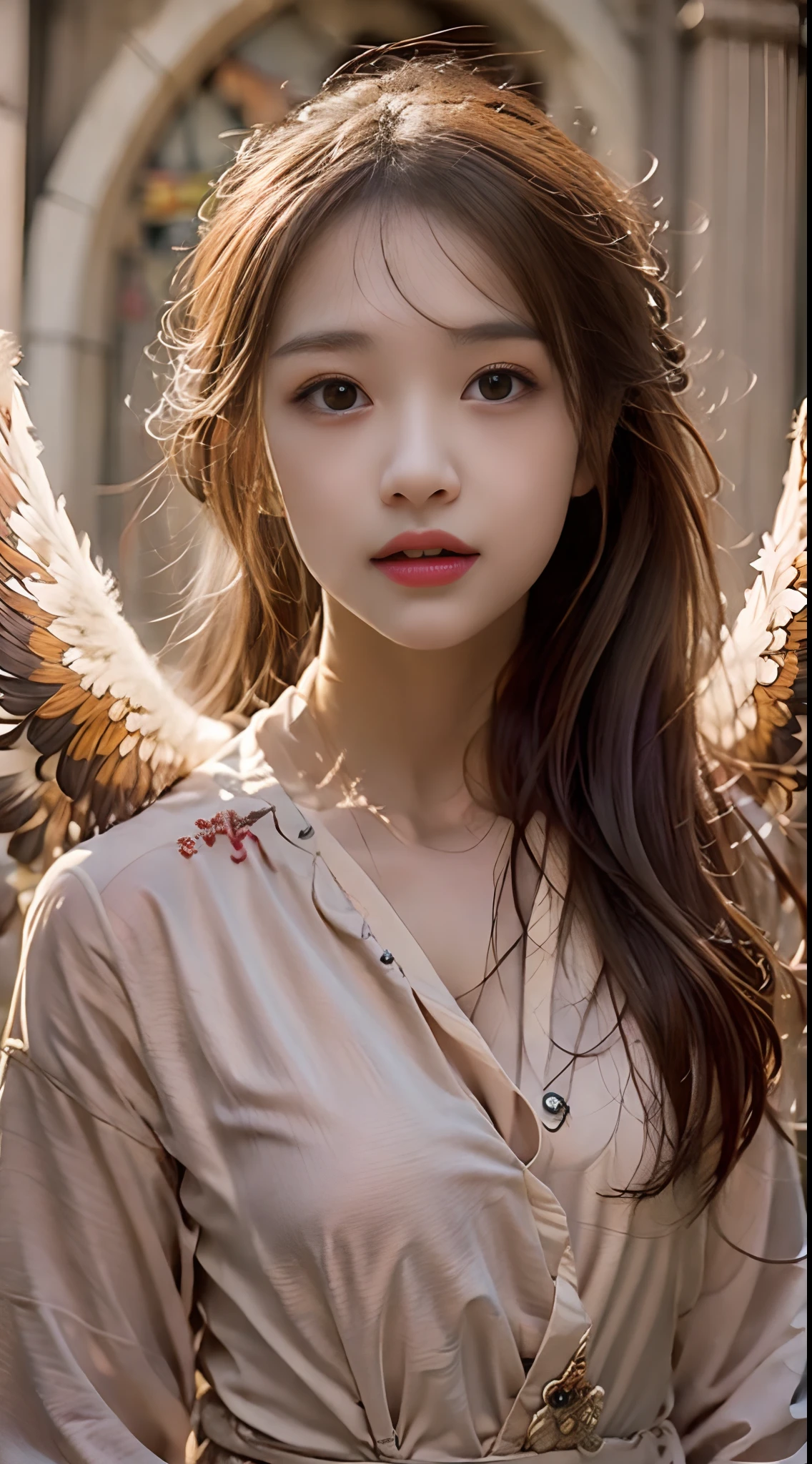 photo realistic woman, woman brown eyes, brown hair, ultrahd, surrealistic style, angel, detailed face