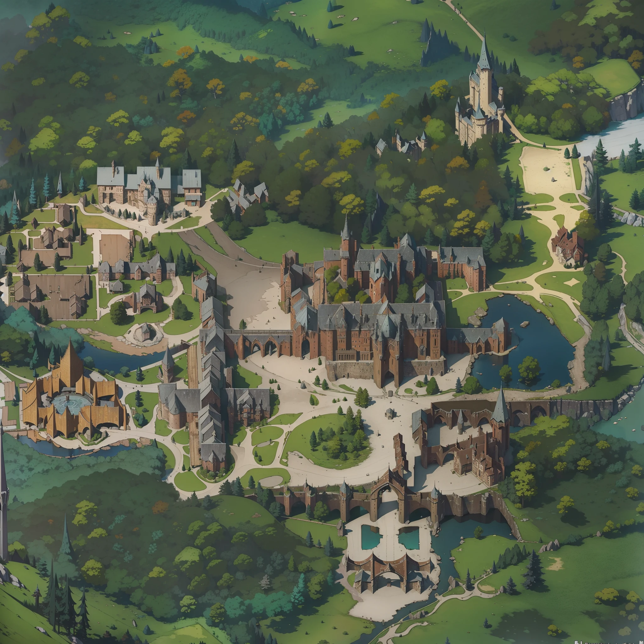 RPG map， (((ln the forest)))，lakes，((Castle in the mountains))，chies，Western fantasy，magic school，gothicarchitecture，moutain terrain，ultra - detailed，Aesthetics，tmasterpiece，best qualtiy