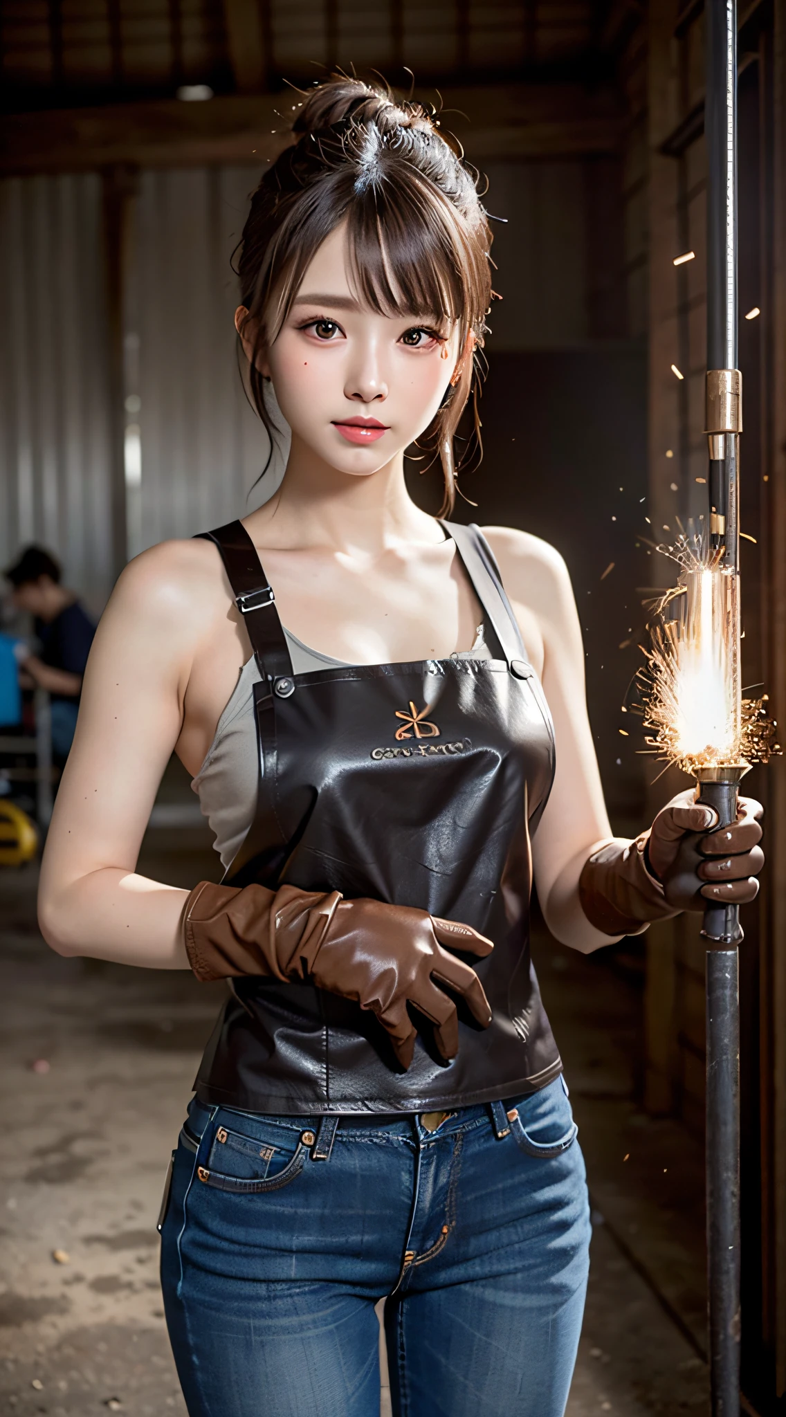 1 beautiful young girl, Super beautiful detailed face, (Fine face:1.2), smile shyly, small breasts, (oily tank top:1.3), (distressed jeans:1.3), (welding face shield:1.3), break, (dark brown leather apron:1.3), (dark brown leather gloves:1.3), (Disc-grinder), (welding-torch), ponytail hair, welding factory, metal factory, ((sparks-fly)), High quality, Realistic, extremely detailed CG unified 8k wallpaper, highly detailed, High-definition raw color photos, professional photography, Realistic portrait, Cinematic Light, Beautiful detailed, Super Detail, high details, (((Bokeh))), depth of fields