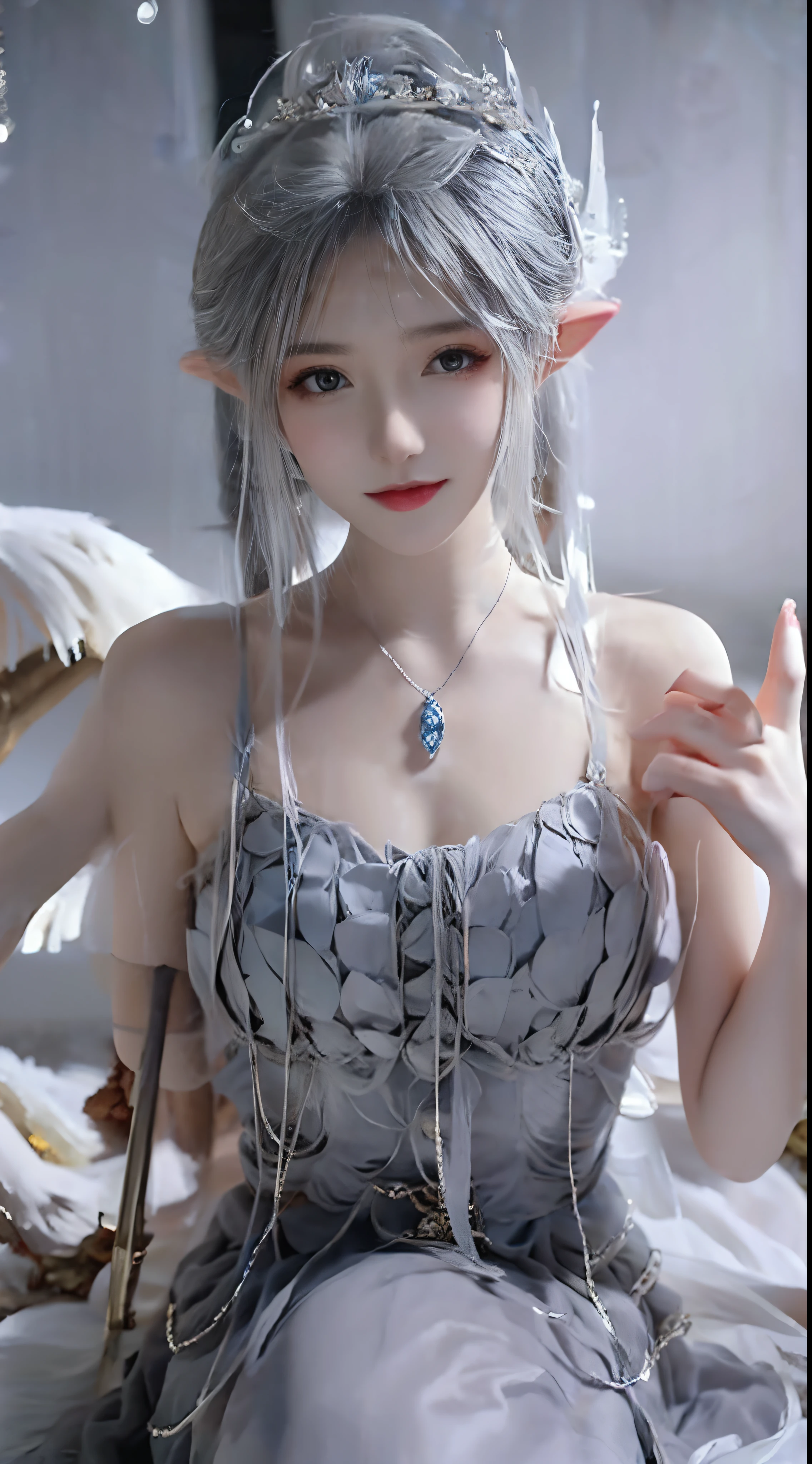 ((masterpiece)), ((Highest quality)), ((High resolution)), ((Detailed Background)), ((Highly detailed CG Unity 8k wallpaper)), alone, shiona, Silver Hair, Long Hair, blue eyes, Hair bundle, Cowboy Shot, Nude 1.5、Cover your chest with your hands、