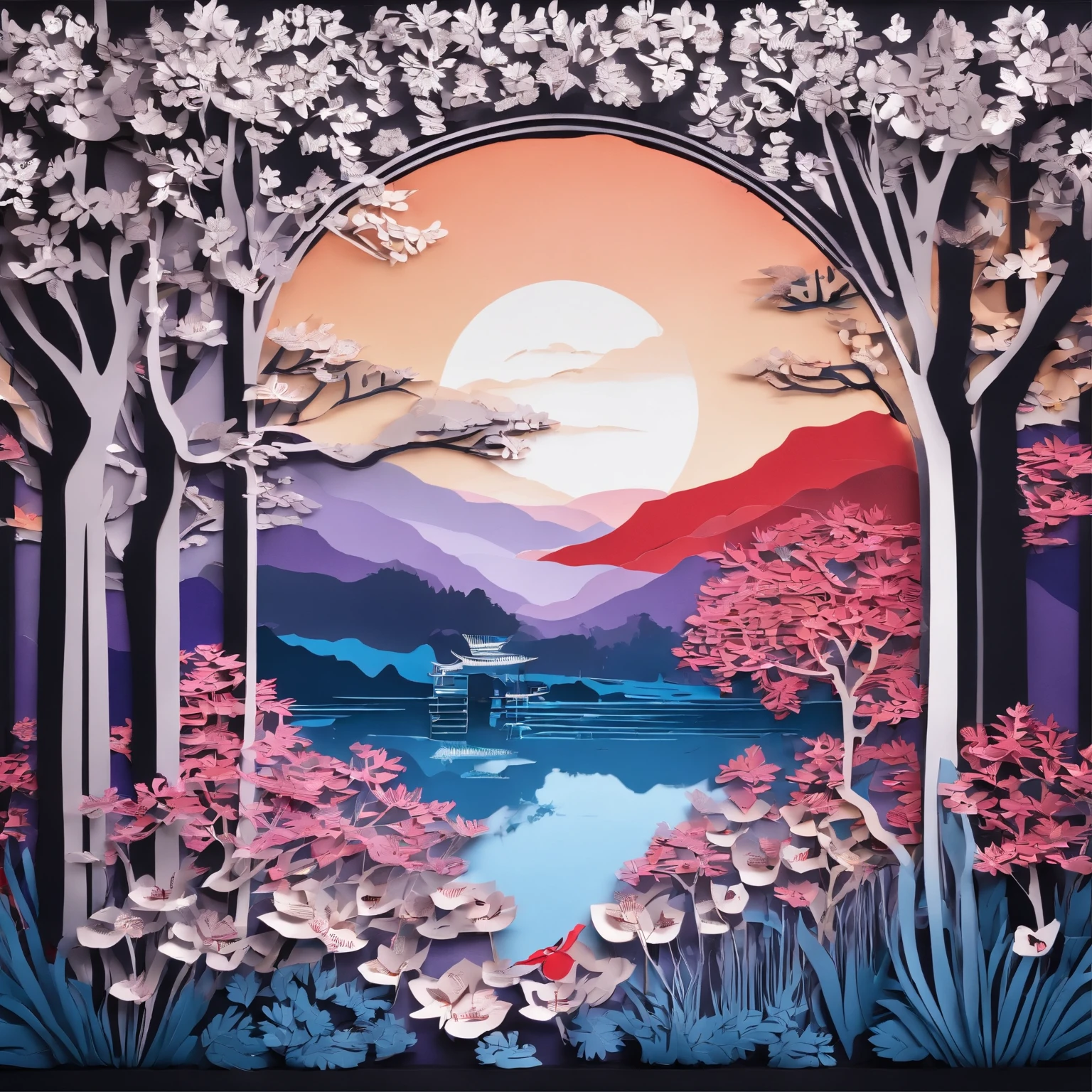 (On a blue glass plate),(Stack paper cuts):(Peach Blossom Forest,Lavender,Red maple),(Hills that are undulating by yellow), (Best quality,4K,8K,A high resolution,Masterpiece:1.2),Ultra-detailed,(Realistic,Photorealistic,photo-realistic:1.37)