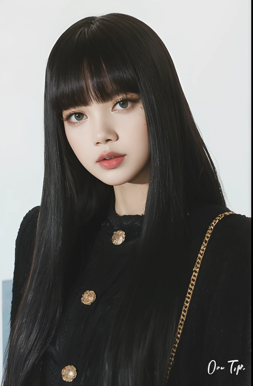 Un primer plano de una mujer con el pelo largo y negro y un bolso, Ella tiene el pelo negro con flequillo, Lalisa Manobal, Lalisa Manoban de Blackpink, Retrato de Jossi de Blackpink, Cabello largo y negro con flequillo, Jossi de Blackpink, con flequillo completo, Cabello largo con flequillo completo, con flequillo, Sui Ishida con cabello negro