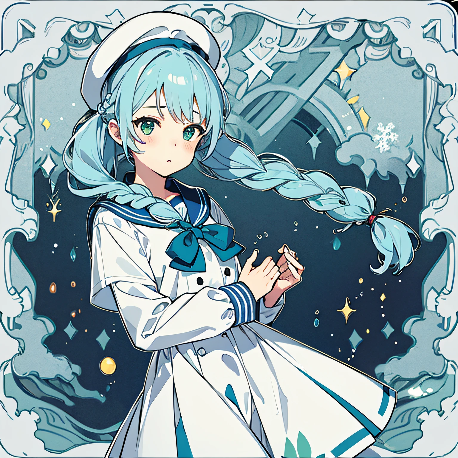 teens girl、lightblue hair、beret、a sailor suit、braid、pigtails、Blue-green eyes、snowscape、nigh sky