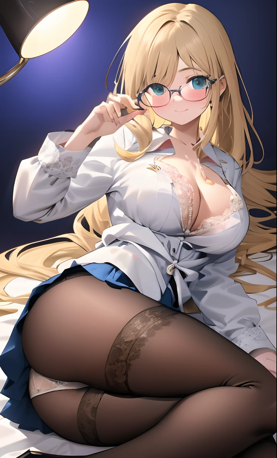 , Super detailed, high resolution, Very detailed, Best quality, Masterpiece, ((fashion clothing with diverse colors)), illustration, Very detailed, CG, unified, 8K wallpaper, Amazing, finedetail, Masterpiece ,Best quality, Very detailed CG uniform 8k wallpaper, light in face, Movie lighting, 1girll, , Long blonde hair, side splits, (Big breasts), ()), (Glasses), ((Dynamic pose))), ((Sexy pose))), (camel-toe), (Half), (Pantyhose)), ((Blue hip skirt))pyjamas,cleavage,Lace,Lace panties,lying down, your ass,