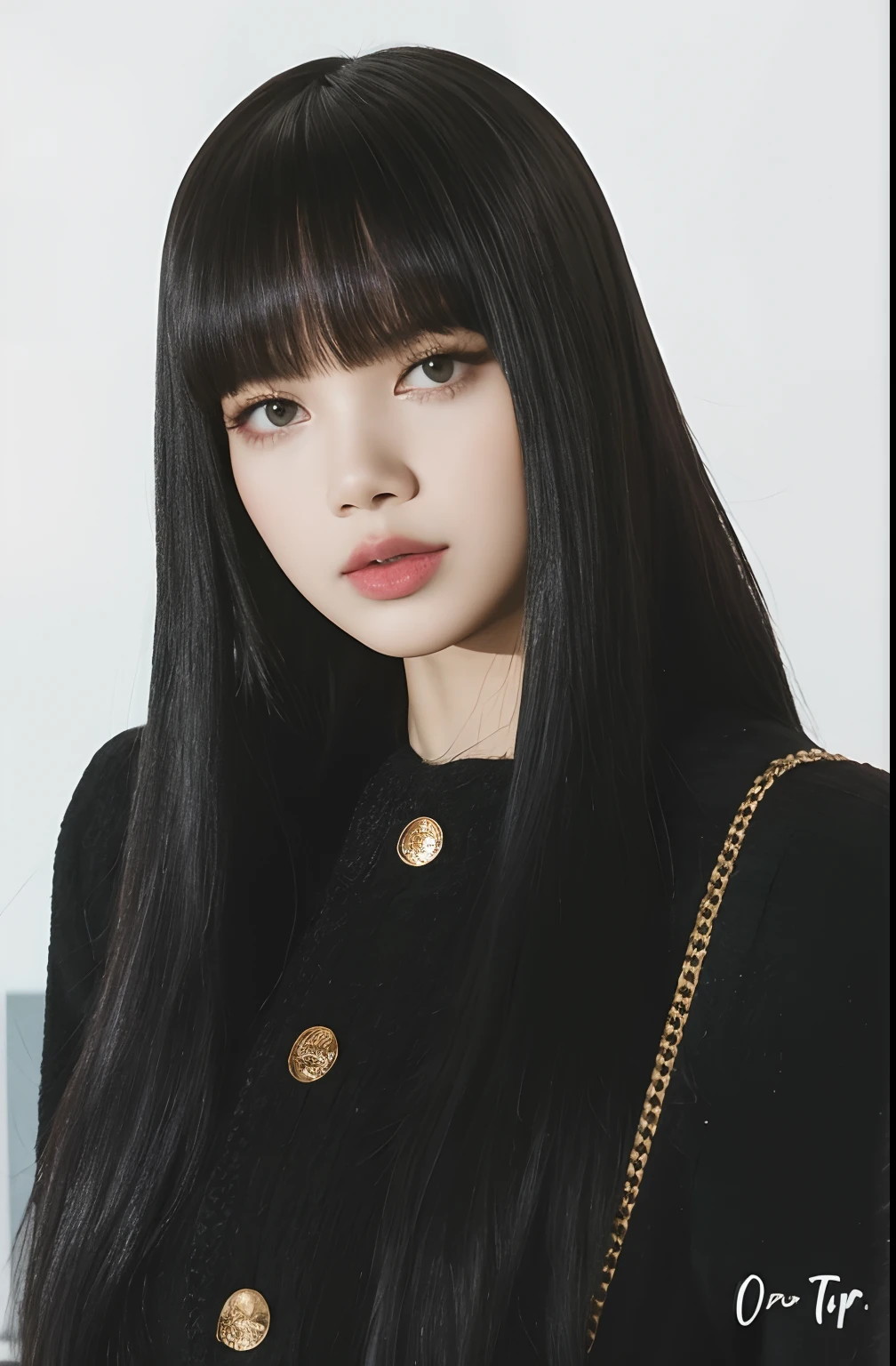 Un primer plano de una mujer con el pelo largo y negro y un bolso, Ella tiene el pelo negro con flequillo, Lalisa Manobal, Lalisa Manoban de Blackpink, Retrato de Jossi de Blackpink, Cabello largo y negro con flequillo, Jossi de Blackpink, con flequillo completo, Cabello largo con flequillo completo, con flequillo, Sui Ishida con cabello negro