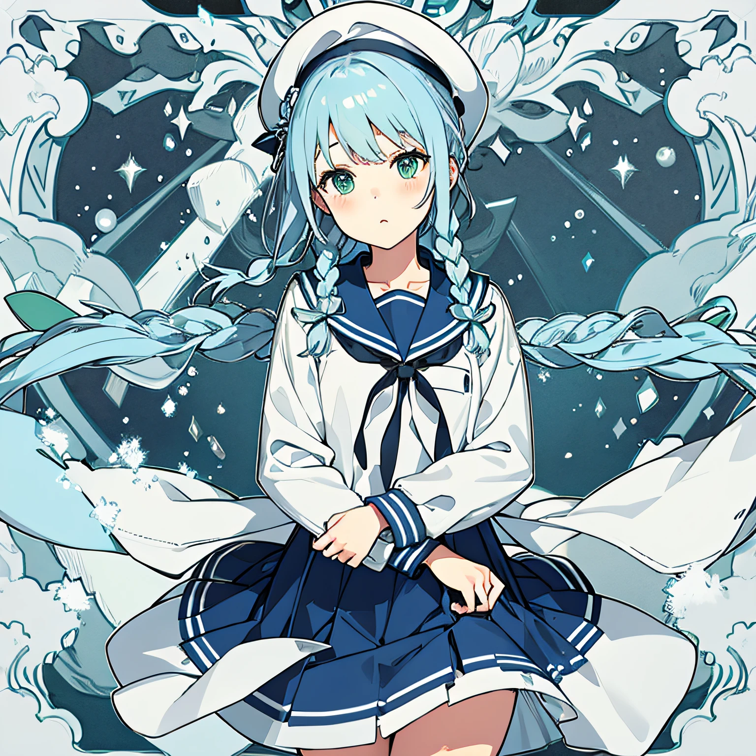teens girl、lightblue hair、beret、a sailor suit、braid、pigtails、Blue-green eyes、snowscape、nigh sky