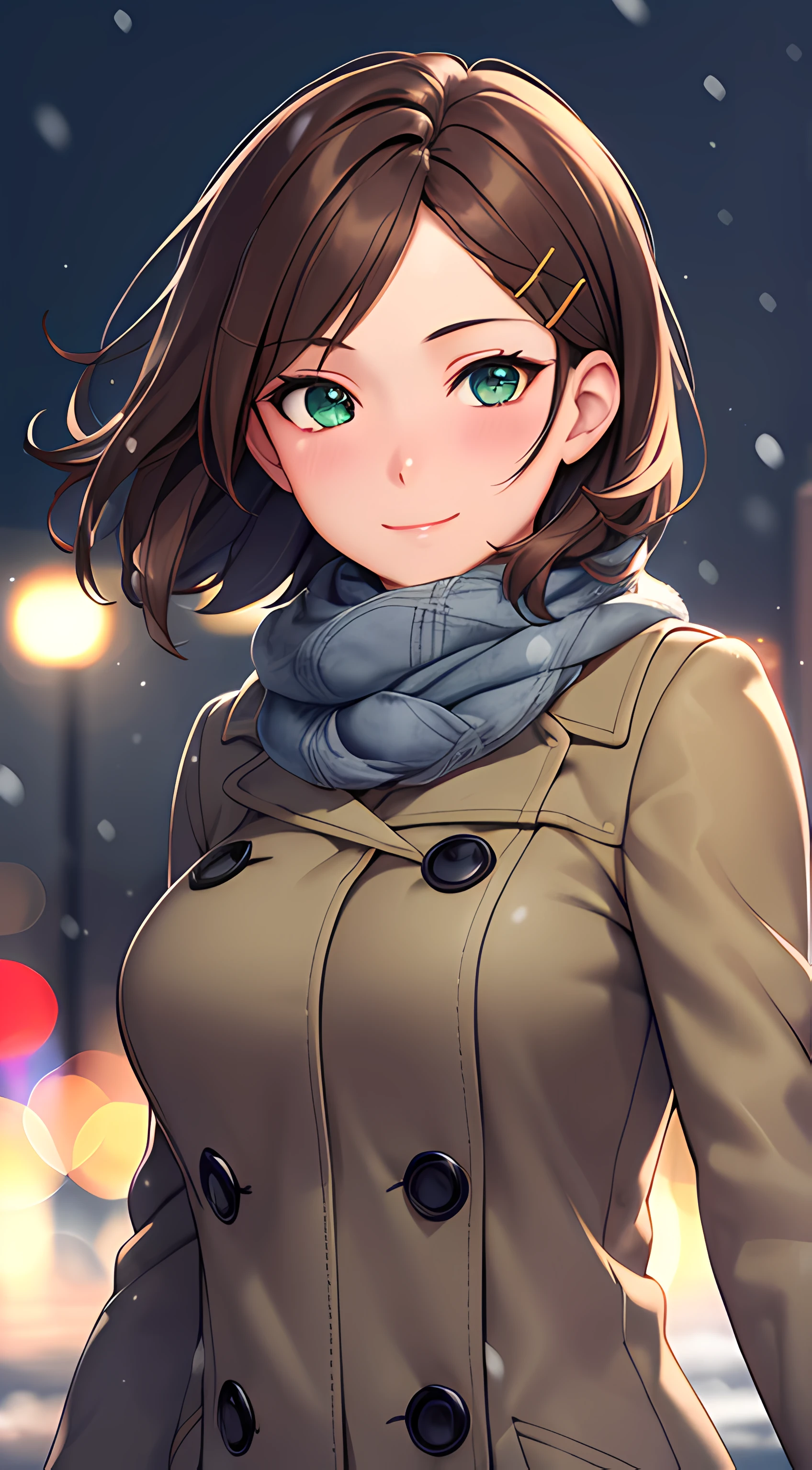 ((masterpiece, best quality, highres, UHD, perfect pixel, depth of field, 4k, RTX, HDR, extremely detailed)), 1girl, single, solo, 24 years old, beautiful anime girl, beautiful art style, anime character, smile, beautiful smile, ((short hair, parted bangs, brown hair, hair pin)), (green eyes:1.4, rounded eyes, beautiful eyelashes, realistic eyes, extremely detailed pupil), (detailed face, blushing:1.2), (smooth texture:0.75, realistic texture:0.65, photorealistic:1.2, cinematic, anime CG style), medium breasts, perfect body, busty, (dynamic angle, POV, close up), ((winter clothes, long coats, mittens, gloves, scarf)), night, city lights, bokeh:1.4, (outdoor, city buildings, crowd), ((winter, snowfall:1.8, the wind blows)), (graceful, prestigious, glorious, elegant)