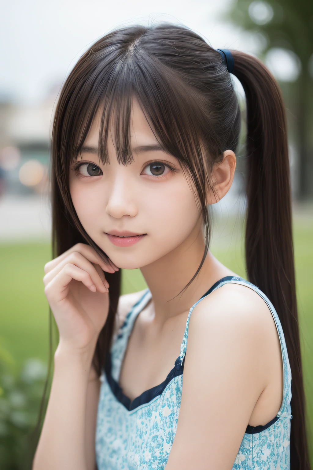 Original quality, highest quality, best image quality, exaggerated detail, clear face A cute 8-year-old Asian girl with a shy expression, slightly squinted eyes, long eyelashes (braid, sleeveless shirt) outdoors, posing in front of the camera, focusing on the chest, smiling a little, childish body.