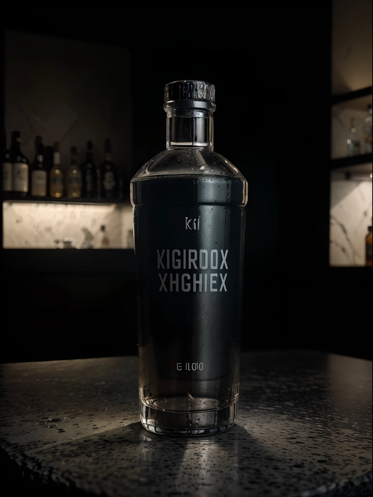 photograph of a bottle of vodka, on a lush stone surface, realistic photo, epic composition, advertising scene, illuminated with 3 points of lightresolução 8k, Canon EOS R5, 50mm, hero shot view, cinematic color grading, dinamic shoting --ar 3:4 --s 1000 --upbeta -- style raw