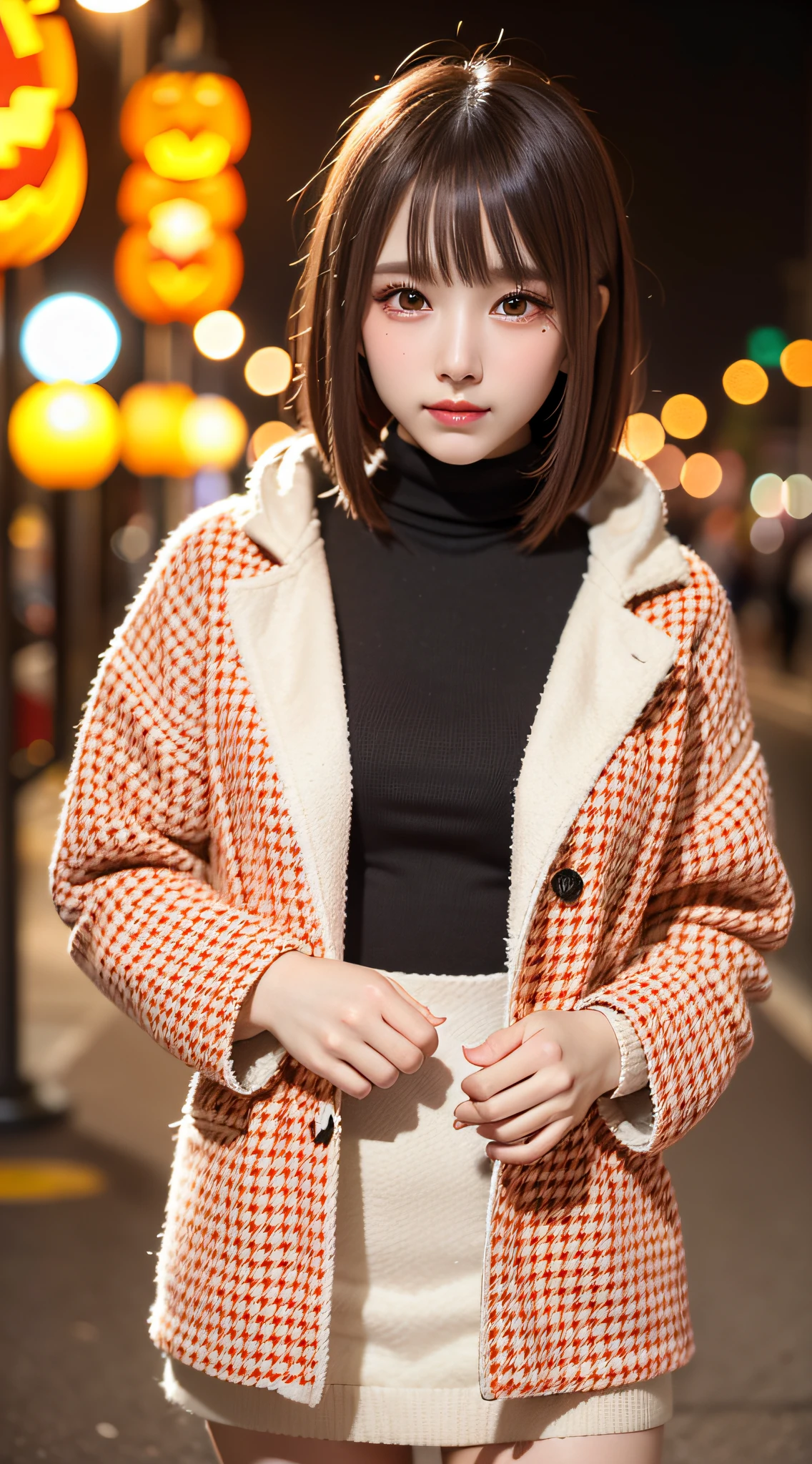 1 beautiful young girl, Super beautiful detailed face, smile shyly, symmetrical black eyes, small breasts, (red houndstooth coat:1.4), (off-white turtleneck sweater dress:1.3), below skirt point of view, visible panties, hime cut hair, (Fine face:1.2, fine eyes:1.3), High quality, Realistic, extremely detailed CG unified 8k wallpaper, highly detailed, High-definition raw color photos, professional photography, Realistic portrait, Cinematic Light, Beautiful detailed, Super Detail, high details, (((Bokeh))), depth of fields, illumination, Neon Street, Super stylish lighting, halloween night, pumpkin lantern