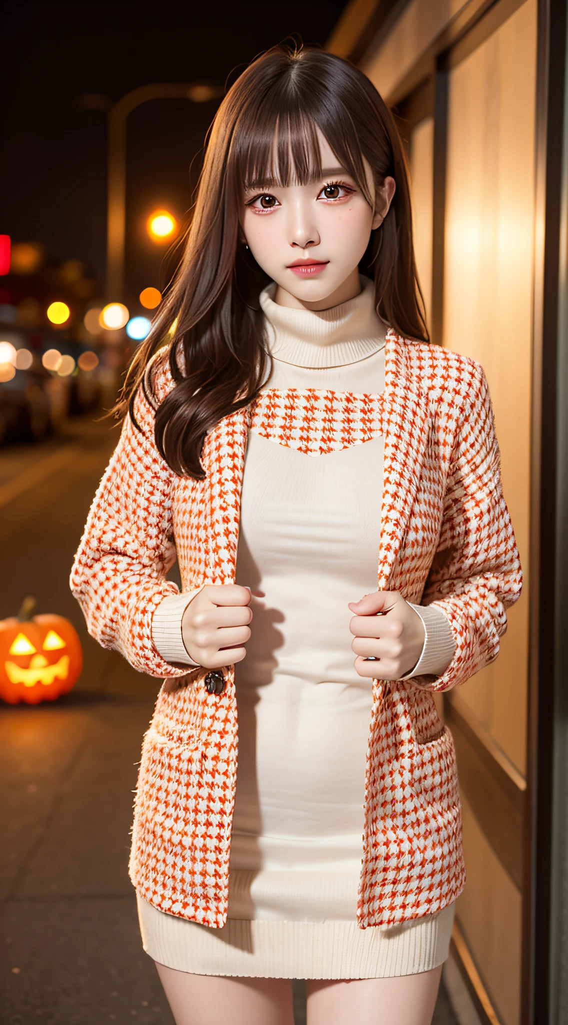1 beautiful young girl, Super beautiful detailed face, smile shyly, symmetrical black eyes, small breasts, (red houndstooth coat:1.4), (off-white turtleneck sweater dress:1.3), below skirt point of view, visible panties, hime cut hair, (Fine face:1.2, fine eyes:1.3), High quality, Realistic, extremely detailed CG unified 8k wallpaper, highly detailed, High-definition raw color photos, professional photography, Realistic portrait, Cinematic Light, Beautiful detailed, Super Detail, high details, (((Bokeh))), depth of fields, illumination, Neon Street, Super stylish lighting, halloween night, pumpkin lantern
