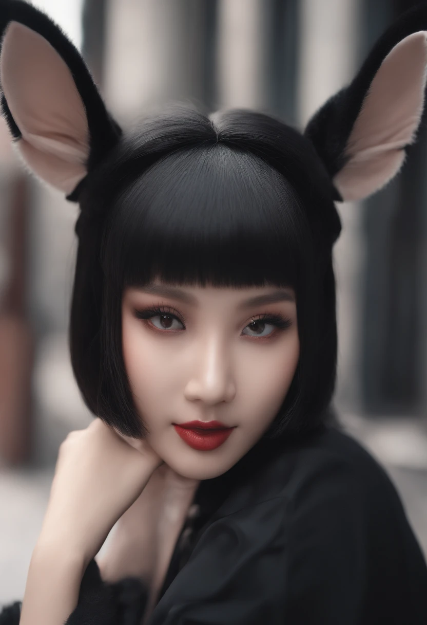 black hair, hair bobbles, wince, longeyelashes, solid circle eyes, fake animal ears, light smile, ear blush, fang, Surrealism, drop shadow, anaglyph, stereogram, tachi-e, pov, atmospheric perspective, 8k, super detail, ccurate, best quality