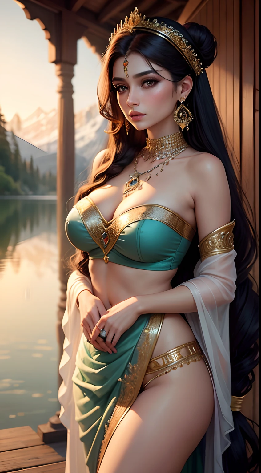 Maryam Nawaz Sharif as a beautiful young maiden, standing in the rain, large breasts, long hair tied in a bun, wearing a strapless bra and a transparent sarong, wearing heavy makeup, long eye lashes, eye mascara, wearing golden ornaments, bindi, long earrings, necklace, arm bands, bangles, nose ring and waist chain, wet clothes, worried look, serene lake in the background