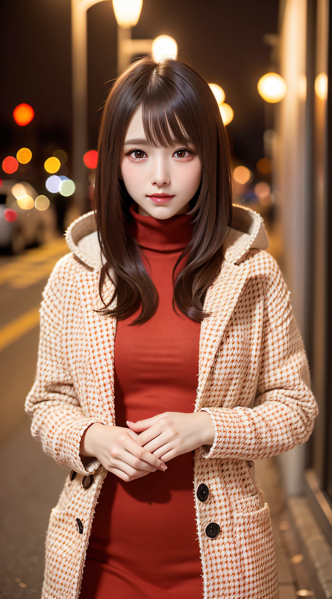 1 beautiful young girl, Super beautiful detailed face, smile shyly, symmetrical black eyes, small breasts, (red houndstooth coat:1.4), (off-white turtleneck sweater dress:1.3), below skirt point of view, visible panties, hime cut hair, (Fine face:1.2, fine eyes:1.3), High quality, Realistic, extremely detailed CG unified 8k wallpaper, highly detailed, High-definition raw color photos, professional photography, Realistic portrait, Cinematic Light, Beautiful detailed, Super Detail, high details, (((Bokeh))), depth of fields, illumination, Neon Street, Super stylish lighting, halloween night, pumpkin lantern