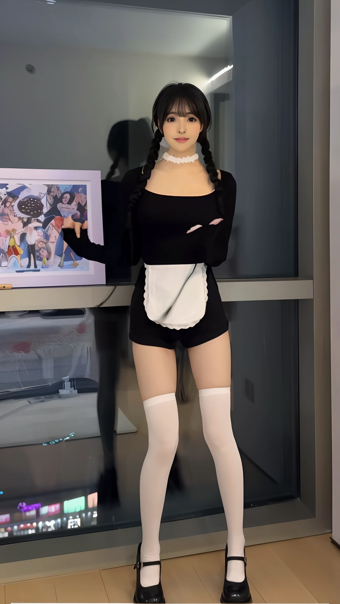 (best quality,highres:1.2), ultra-detailed, realistic:1.37, anime, black and white woman posing in front of a television, anime girl in a maid outfit, anime Barbie doll in white stockings, maid costume, catgirl cosplay! Maid! Dress, anime catgirl in maid attire, glamorous maid, Korean Audrey Hepburn automaton, anime girl cosplaying, CGSTATION trend, maid outfit, anime Barbie doll, high-quality clothing