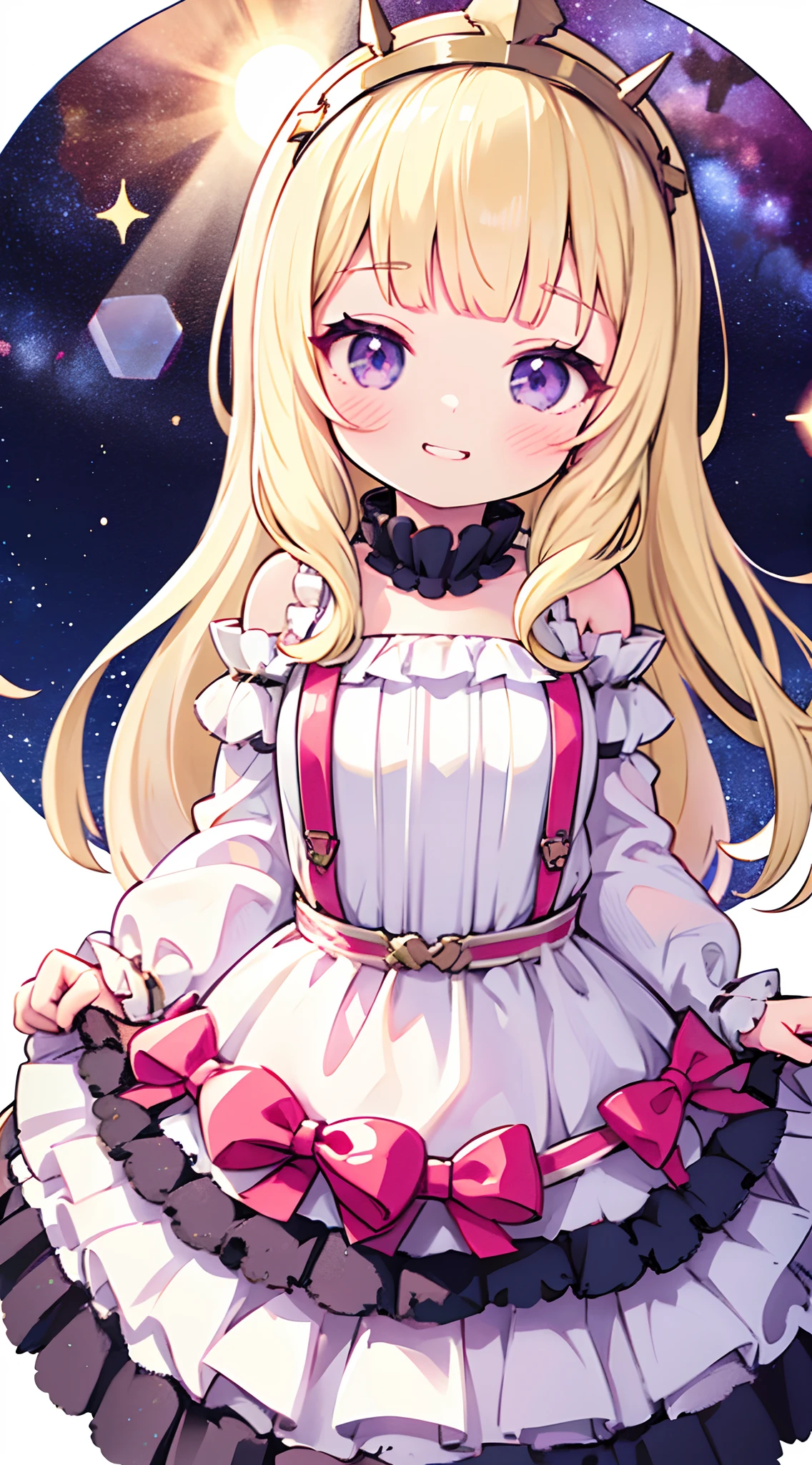 1girl, solo, anime screencap, character illustration, blonde hair, purple eyes, Cagliostro, long hair, CagliostroGrand, white dress, long sleeves, detached sleeves, frills, frilled dress, hairband, small breasts, smile, grin, evil smile, smug, face focus, arms behind back, upper body, looking away, (leaning forward), playful pose, circle framed galaxy, cute girl, sparkles, white background, transparent background, beautiful illumination, sun rays, trending on pixiv, masterpiece, 8k, best quality