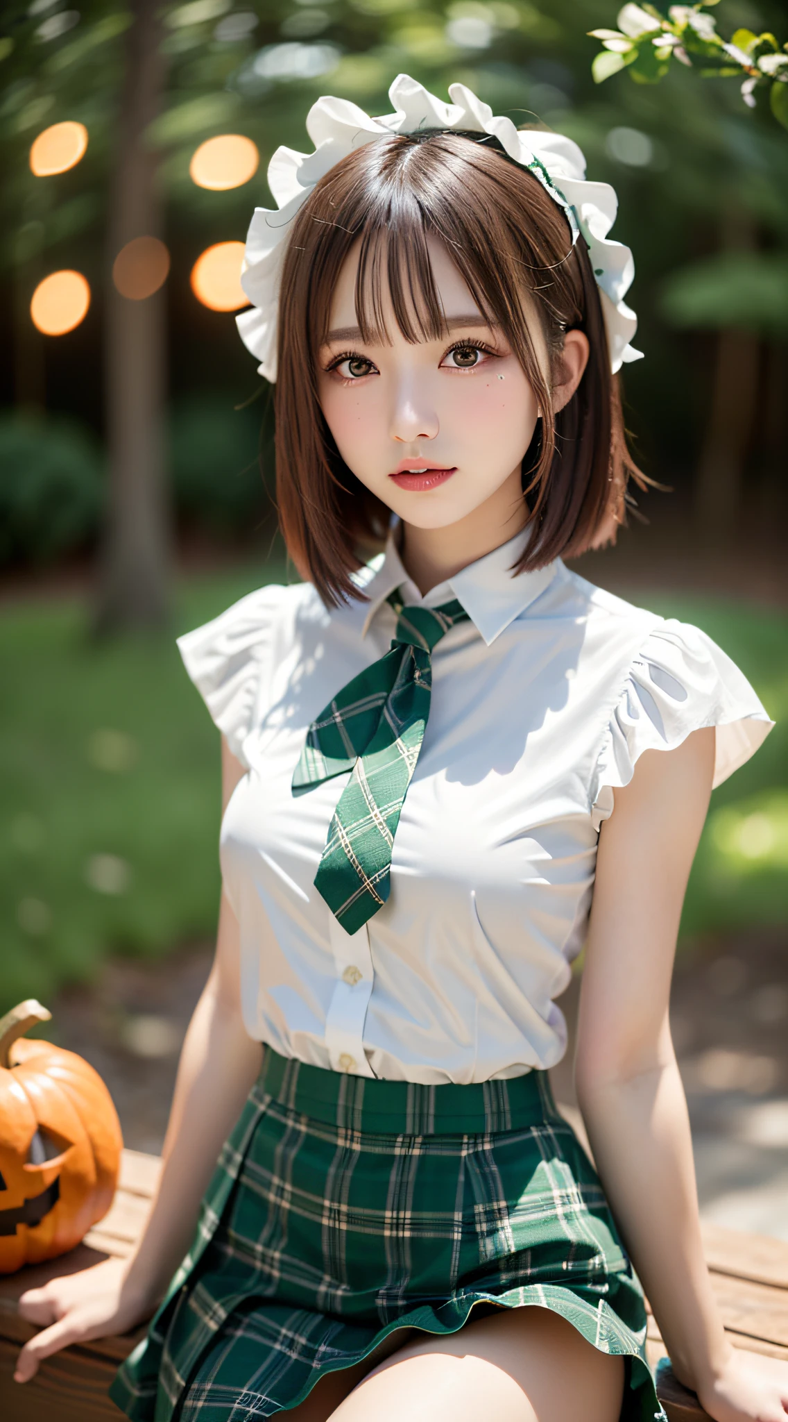 1 beautiful young girl, Super beautiful detailed face, smile shyly, small breasts), ((gothic lolita, Idol costume):1.3), (green and white theme:1.2), (white blouse:1.4), ((white collar, tie):1.3), (open short-cape:1.3), (short sleeve:1.2), (green tartan-check pattern (ruffle-skirt, multilayer-skirt):1.4), (Fishnet stockings:1.3), (glove:1.2), below skirt point of view, visible panties, hime cut hair, (Fine face:1.2), High quality, Realistic, extremely detailed CG unified 8k wallpaper, highly detailed, High-definition raw color photos, professional photography, Realistic portrait, Cinematic Light, Beautiful detailed, Super Detail, high details, (((Bokeh))), depth of fields, illumination, Neon Street, Super stylish lighting, halloween night, pumpkin lantern