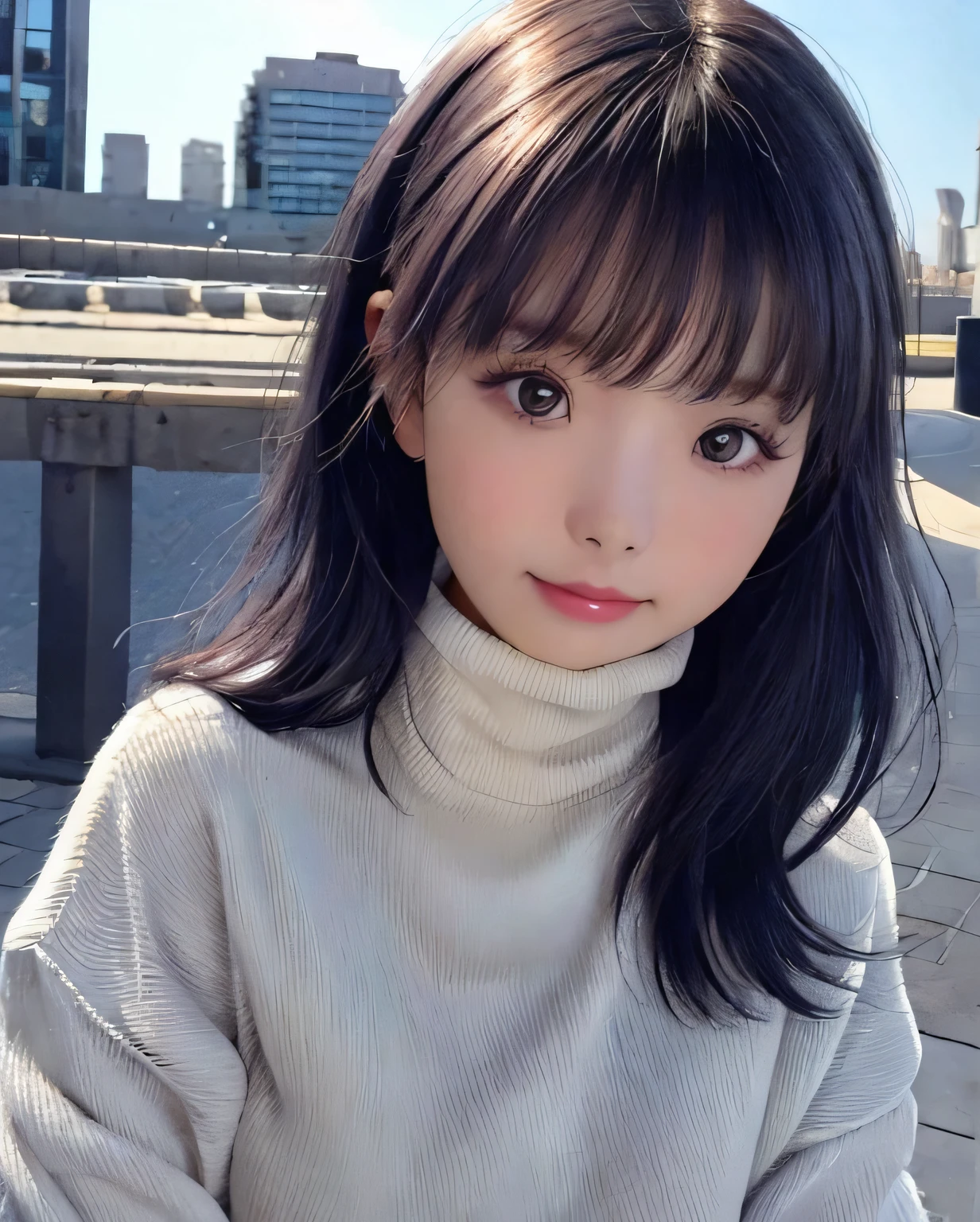 pureerosface_v1, best quality, photorealistic, 8k, high res, 1girl, woman, (skindentation), (portrait:0.6), ((cityscapebackground:2)) , ((smallsize round breast, highneck sweater:1.7)), straight-looking at viewer:1.8, (1girl eyes looking at viewer:1.45, medium-length hair, blackhair, partedbangs:1.45), photorealistic, (bokeh),