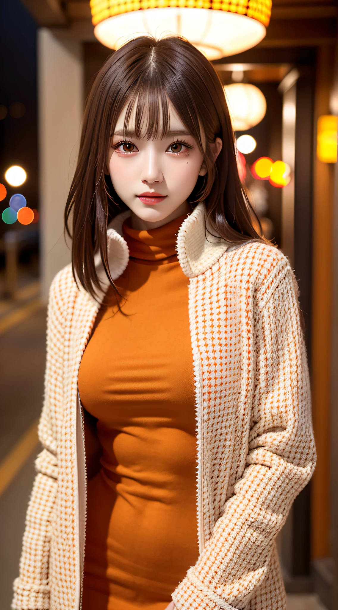 1 beautiful young girl, Super beautiful detailed face, smile shyly, symmetrical black eyes, small breasts), (red houndstooth coat:1.4), (off-white turtleneck sweater dress:1.3), hime cut hair, (Fine face:1.2), High quality, Realistic, extremely detailed CG unified 8k wallpaper, highly detailed, High-definition raw color photos, professional photography, Realistic portrait, Cinematic Light, Beautiful detailed, Super Detail, high details, (((Bokeh))), depth of fields, illumination, Neon Street, Super stylish lighting, halloween night, pumpkin lantern