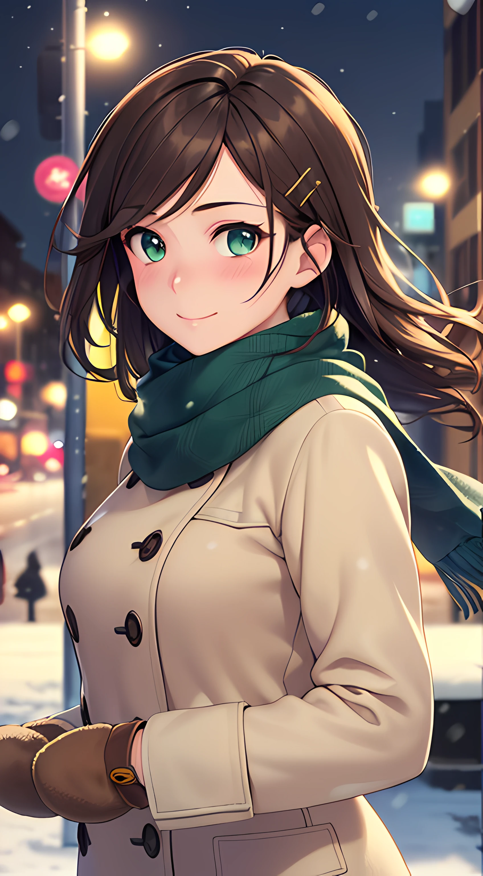 ((masterpiece, best quality, highres, UHD, perfect pixel, depth of field, 4k, RTX, HDR, extremely detailed)), 1girl, single, solo, 24 years old, beautiful anime girl, beautiful art style, anime character, smile, beautiful smile, ((long hair, parted bangs, brown hair, hair pin)), (green eyes:1.4, rounded eyes, beautiful eyelashes, realistic eyes, extremely detailed pupil), (detailed face, blushing:1.2), (smooth texture:0.75, realistic texture:0.65, photorealistic:1.2, cinematic, anime CG style), medium breasts, perfect body, busty, (dynamic angle, POV, close up), ((winter clothes, long coats, mittens, gloves, scarf)), night, city lights, bokeh:1.4, (outdoor, city buildings, crowd), ((winter, snowfall:1.8, the wind blows)), (graceful, prestigious, glorious, elegant)