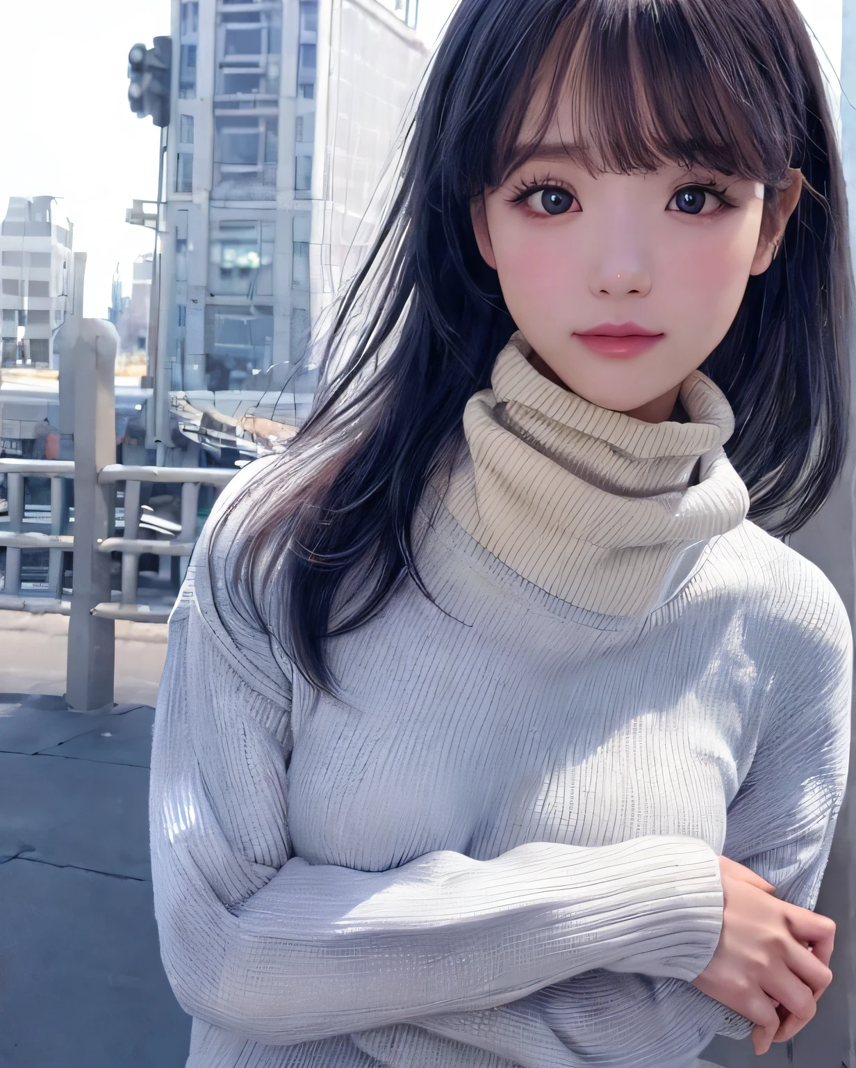 pureerosface_v1, best quality, photorealistic, 8k, high res, 1girl, woman, (skindentation), (portrait:0.6), ((cityscapebackground:2)) , ((smallsize round breast, highneck sweater:1.7)), straight-looking at viewer:1.8, (1girl eyes looking at viewer:1.45, medium-length hair, blackhair, partedbangs:1.45), photorealistic, (bokeh),