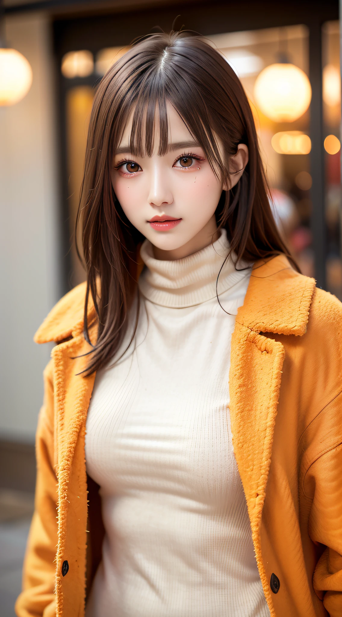 1 beautiful young girl, Super beautiful detailed face, smile shyly, symmetrical black eyes, small breasts), (red houndstooth coat:1.4), (off-white turtleneck sweater dress:1.3), hime cut hair, (Fine face:1.2), High quality, Realistic, extremely detailed CG unified 8k wallpaper, highly detailed, High-definition raw color photos, professional photography, Realistic portrait, Cinematic Light, Beautiful detailed, Super Detail, high details, (((Bokeh))), depth of fields, illumination, Neon Street, Super stylish lighting, halloween night, pumpkin lantern