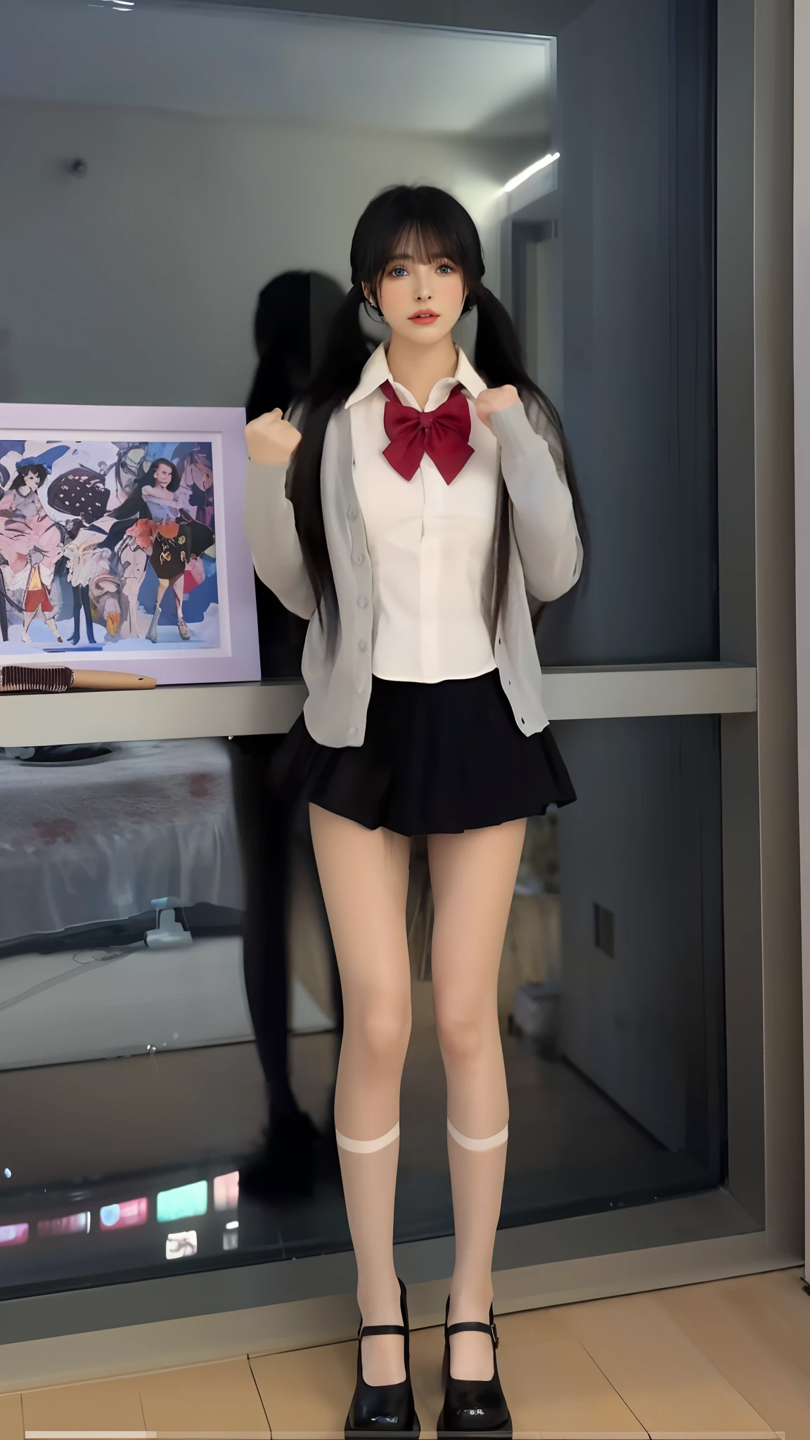 4 Mature Mature Kilometer, japanese cute girl, (REALISTIC、, Highres:1.4),1 girl, (natrual light), (Detailed Face, Detailed Hair, Detail skin),(Medium Breasted), (with the mouth open:1.1),big eyes,slender, leggy, medium hip,full body shot, standing , Wavy Hair,(black leotard:1.4), (pantyhose:1.4),(red necktie:1.2)