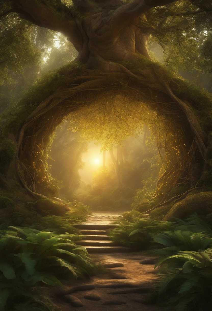 a portal where, as you pass it, gold coins fall into a paradisiacal landscape. The portal is surrounded by branches and roots