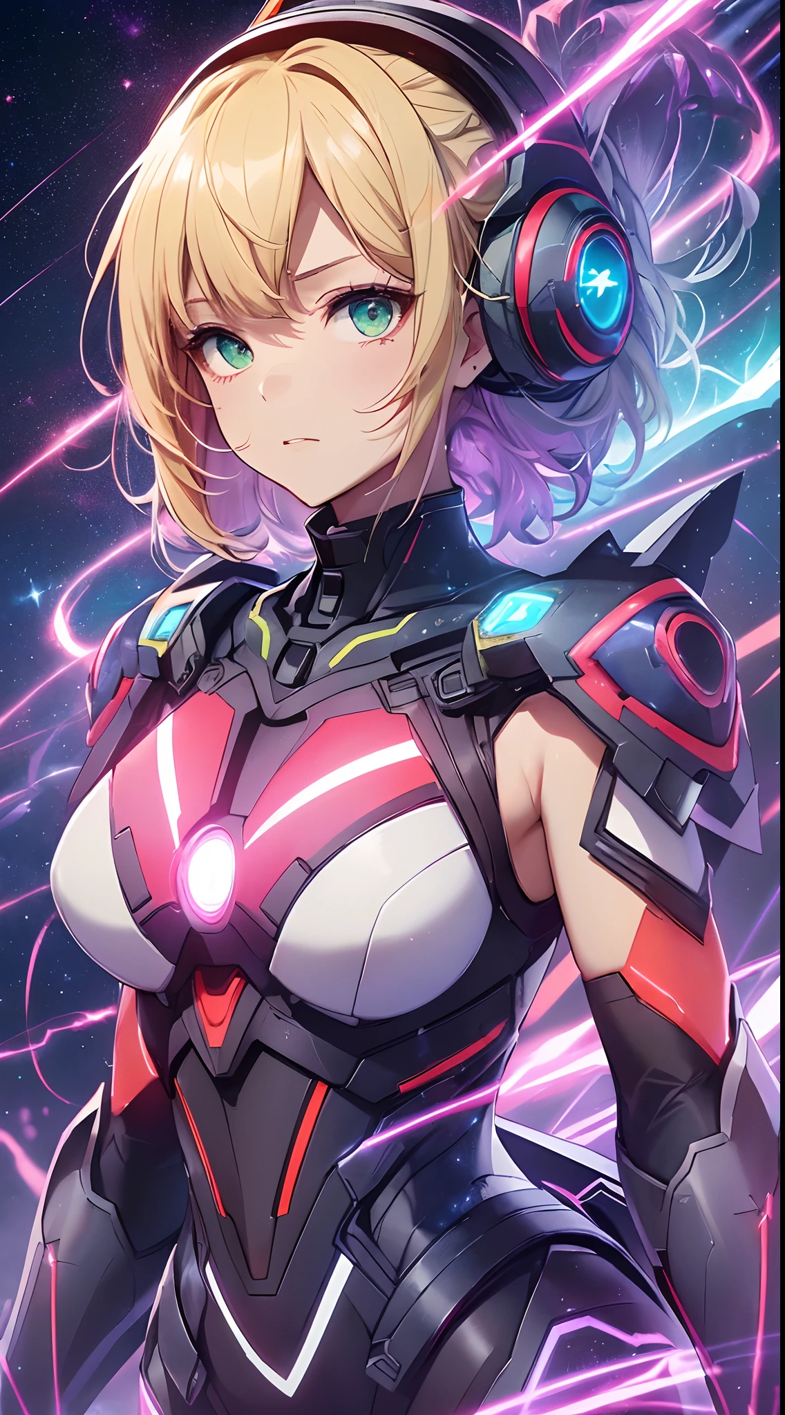 top-quality、Top image quality、​masterpiece、Android Girl((sixteen years old、Red, Black, Red and white glowing cybersuit、Blue energy source for the chest,Best Bust、Bust 90、Blonde Away Tail、Blue-green eyes、open chest wide、Valley、Happiness、A slender、Warlike face、Stand at the front、Countless cable connections throughout the body、Particles of light、Sharp claw arm,Dual-arm laser cannon、battered body、battleing、Giant Cybersword、Flight Units、mid air)）hiquality、Beautiful Art, space Background with((Blue lighting、Green particles、Red Laser Pointer、Purple swirl,Yellow flash、Pink lightning、Cyberfield、luminous sky,Overlooking the earth))、masutepiece、Elaborate design、visualart、Theatrical films