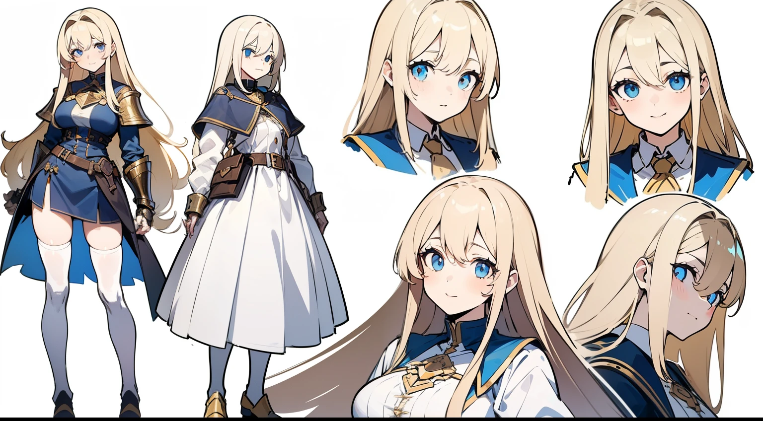 ((Masterpiece, highest quality)), detailed face, character sheet, Full body, 1girl, light blue eyes, long blonde thin hair, long hair, ((long straight hair)), ((large breasts)), ( hair between eyes, tight short white dress below golden armor pieces, mini-skirt, many belts, cardigan, black thigh-highs, smile, yandere, gold and sapphire theme, pale skin, full of details, multiple poses and expressions, highly detailed, depth, many parts