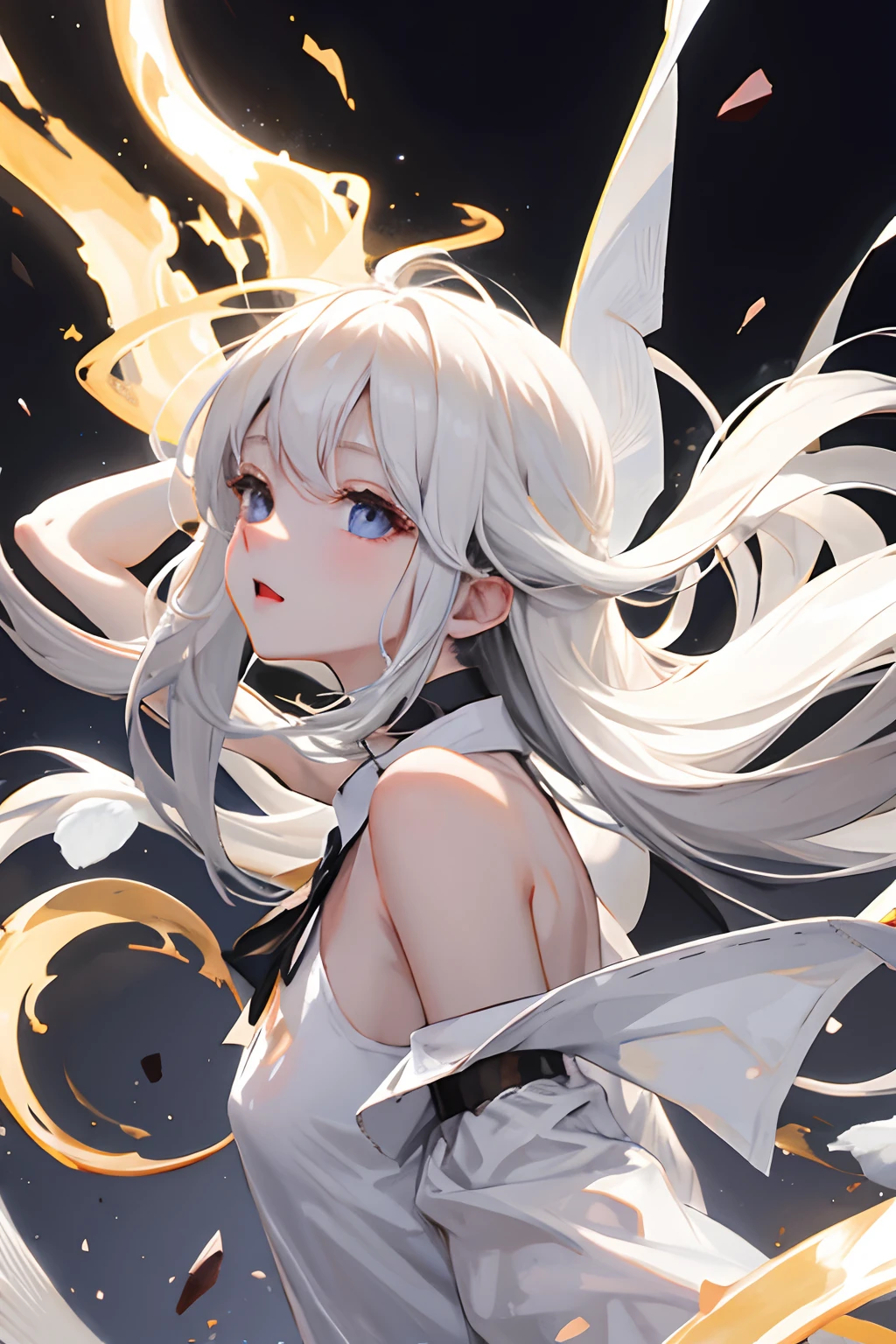 ung and Gorgeous Girl、shorth hair、(A dark-haired:1.3 and blonde hair:0.1)、White oversized shirt、off shoulders、Bare legged、masterpiece、top-quality、8K UHD、超A high resolution、Black background、Studio Lighting