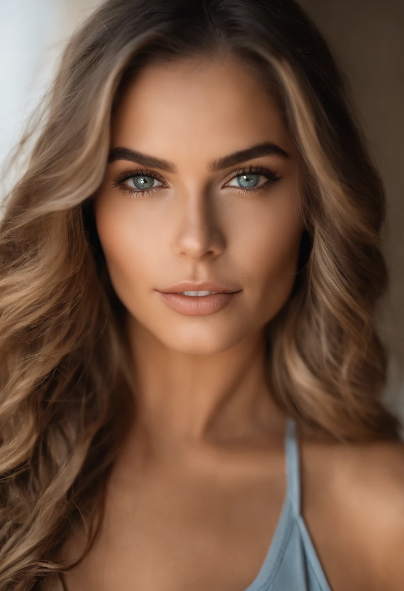 Oman with see-through tank top and matching panties,  com olhos azuis, corpo inteiro, ateolas visiveis, Retrato Sophie Mudd, Retrato de Corinna Kopf, cabelos loiros e olhos grandes, Selfie em close-up de uma jovem mulher, Eyes look at the camera , ohne Maquiagem, Maquiagem Natural, Look directly at the camera, Rosto com ArtGram, dezentes Maquiagem, Excelente foto da parte superior do corpo , mulher linda no quarto, seios grandes, louro, latim