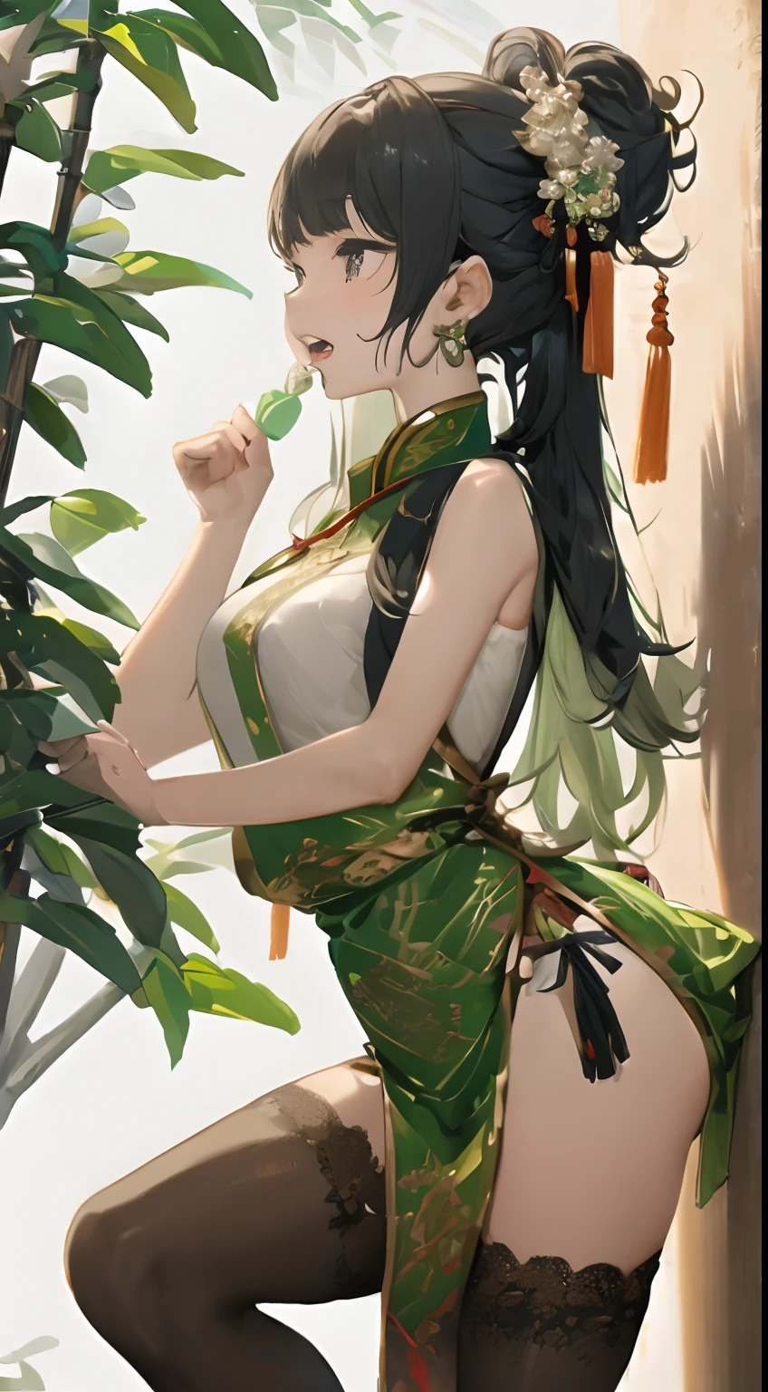 ((full bodyesbian)), ((From the side Side)), ((Realistic)), 1girll, inside in room, Stand up, standing on your feet, Leaning against the wall, Straight legs, slender leg, pretty legs, looking at viewert, Detailed scenes, curlies, Air bangs, Beautiful hair accessories,(Campus style), warm lights, a warm color palette, Detailed details, ultra-detailliert, (tmasterpiece, best qualtiy), (An extremely delicate and beautiful work), Delicate earrings, Delicate necklace, Simple blurred background, Extreme detail description, Ultra-fine painting, Delicate face, slim toned body, (ssmile, Baring teeth), (anatomy correct),Chinese style,on cheongsam,Lace,pantiess,cleavage,lacing,vests,suspender stockings,Rich,Chinese gardens,lying down,seductiv,bamboos,yuki,Winters,Ketone bodies