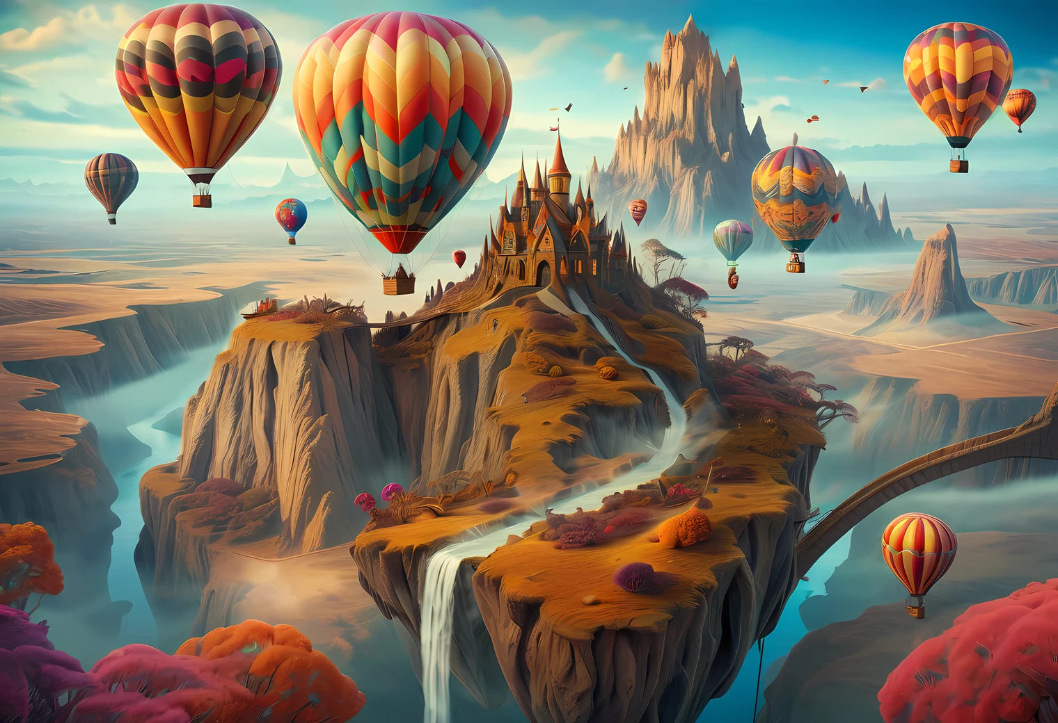 a hot air balloon journey through a surreal landscape. The composition showcases fantastical creatures and surreal elements, creating a whimsical and otherworldly atmosphere. The use of vibrant colors and intricate details adds depth and visual interest to the artwork, evoking a sense of wonder and imagination. Renowned digital artist Android Jones skillfully captures the surreal and fantastical nature of this hot air balloon journey in this visually stunning piece, 3D