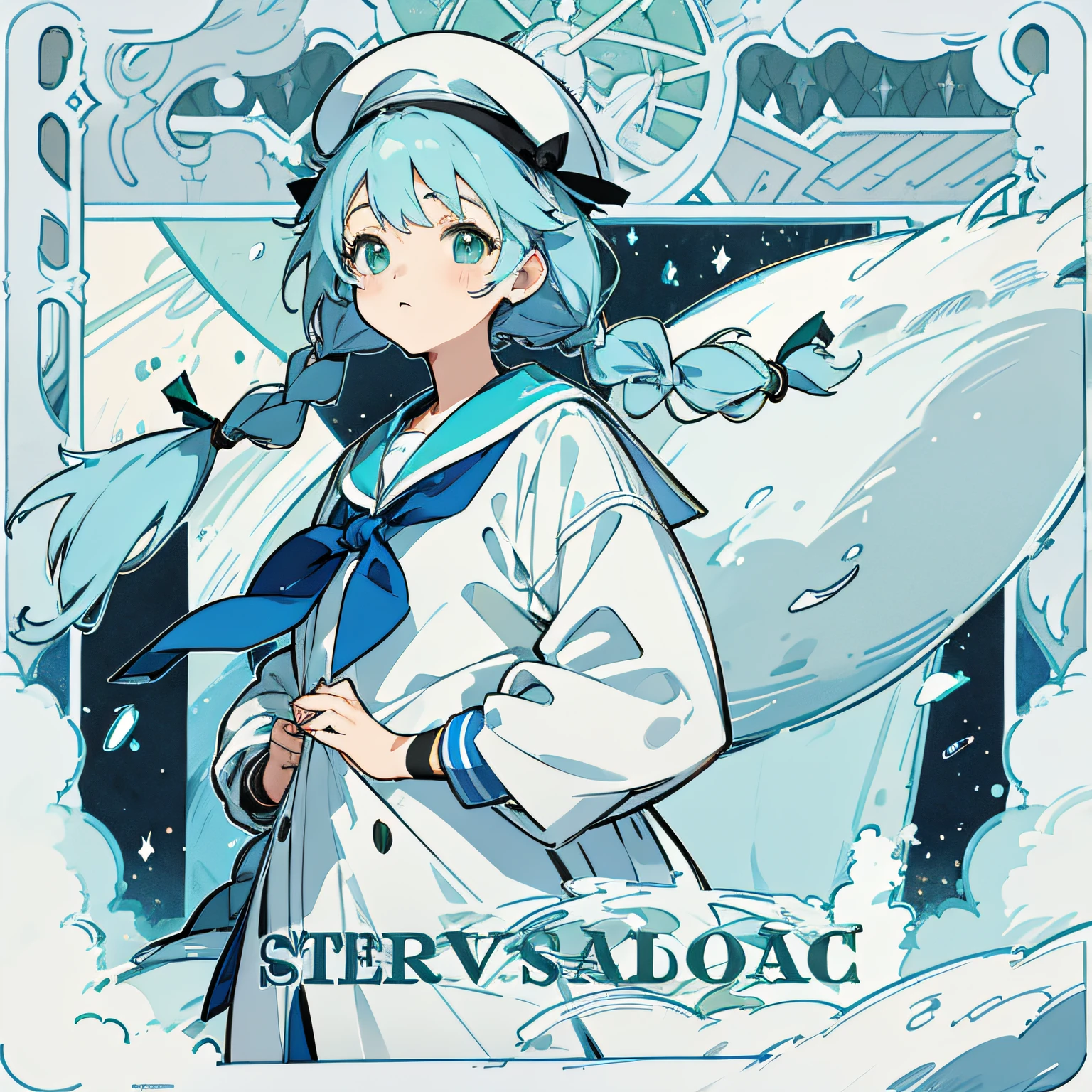 s girl、lightblue hair、beret、a sailor suit、braid、Pigtails、Blue-green eyes、snowscape、nigh sky