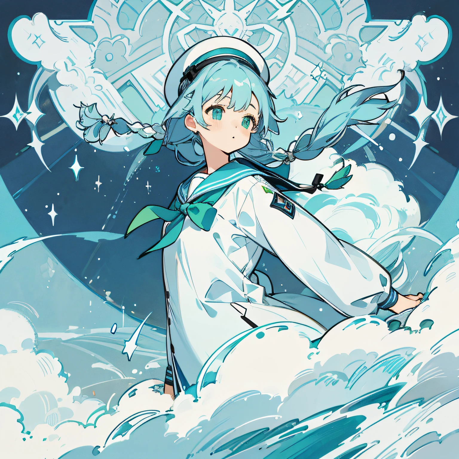teens girl、lightblue hair、beret、a sailor suit、braid、Pigtails、Blue-green eyes、snowscape、nigh sky