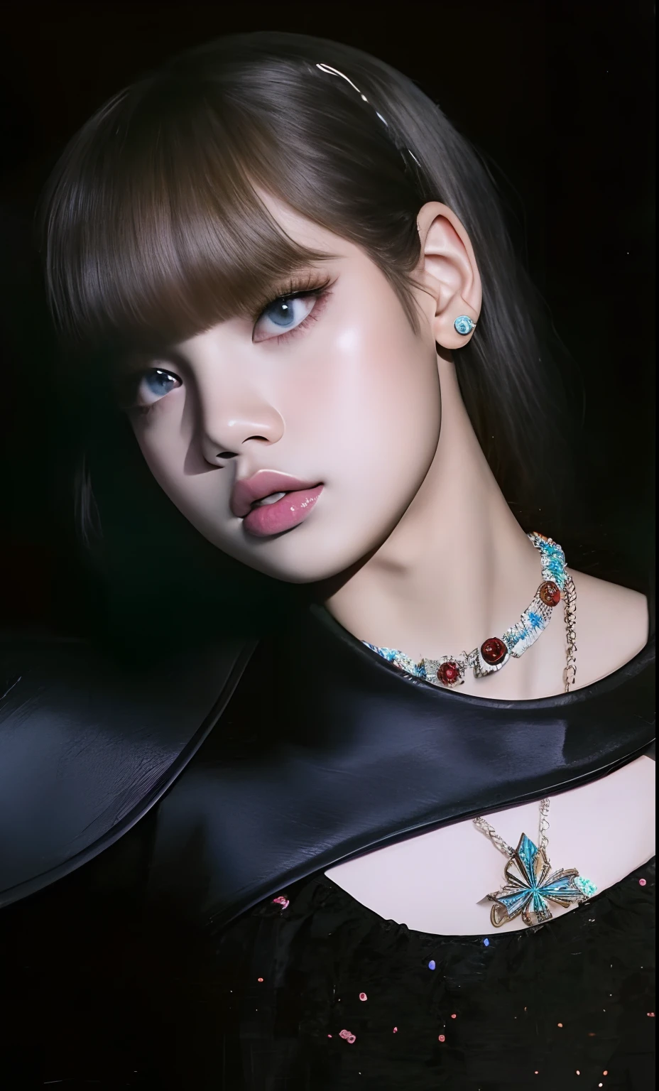 Hay una mujer con un collar y un collar en el cuello, Retrato de Jossi de Blackpink, Lalisa Manobal, Lalisa Manoban de Blackpink, Jossi de Blackpink, Retrato Jisoo Blackpink, Jisoo de Blackpink, Jisoo de Blackpink, con flequillo, Sun Yunjoo, imagen de muy muy muy baja calidad, con flequillo completo