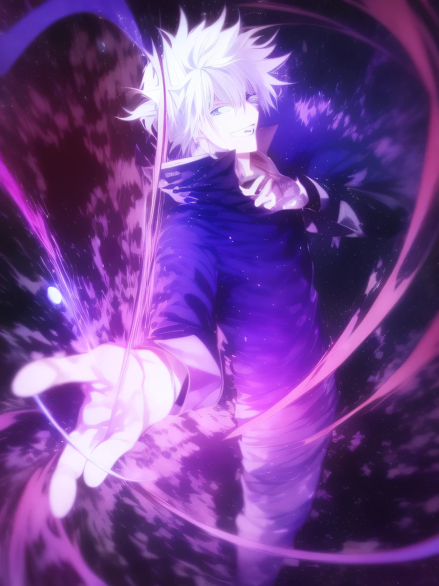 Anime character with purple hair and blue eyes holding tennis racket, ufotable art style, nagito komaeda, he is casting a lighting spell, an epic anime of a energy man, dreamy psychedelic anime, white haired god, anime wallaper, this character has cryokinesis, best anime 4k konachan wallpaper