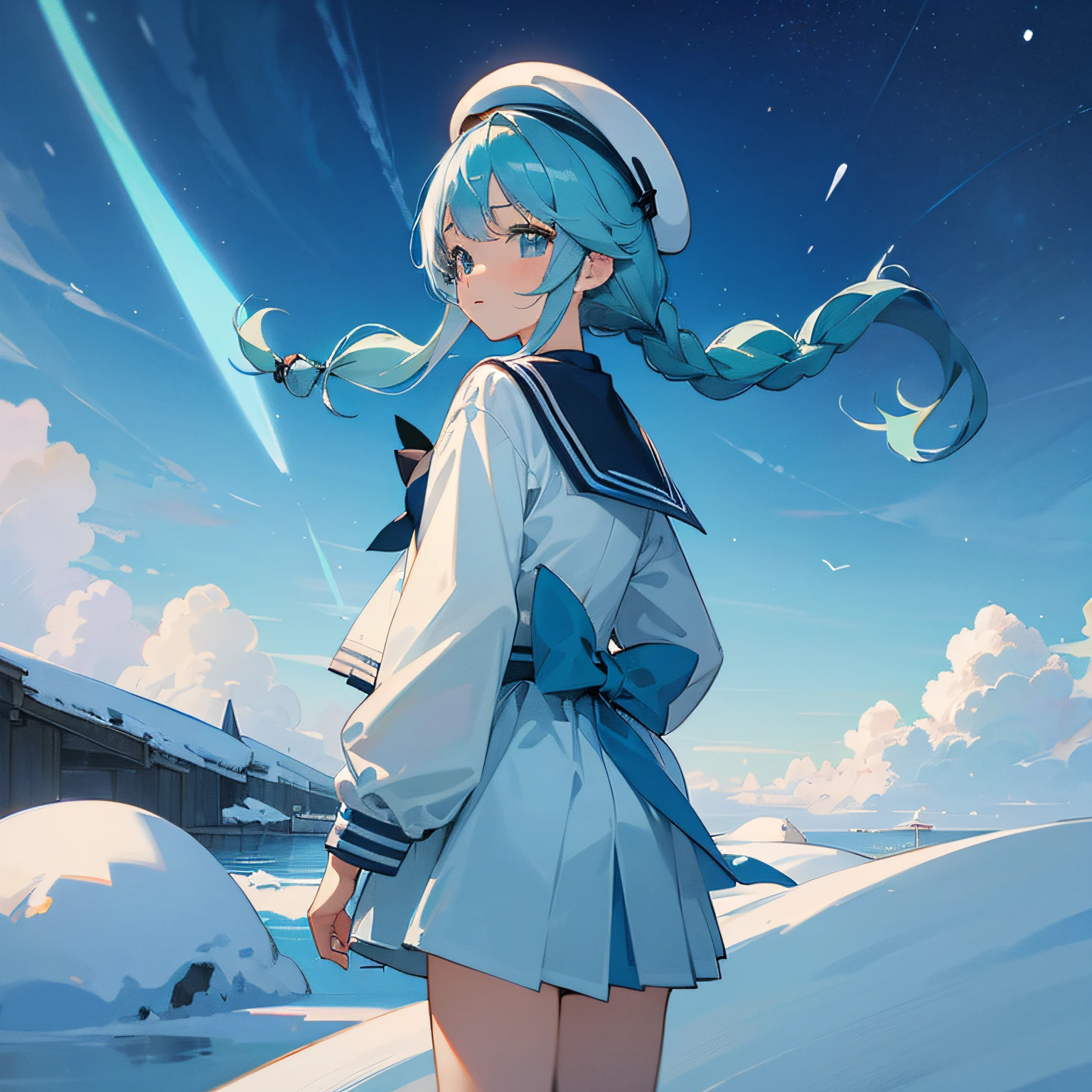 teens girl、lightblue hair、beret、a sailor suit、braid、Pigtails、Blue-green eyes、snowscape、nigh sky