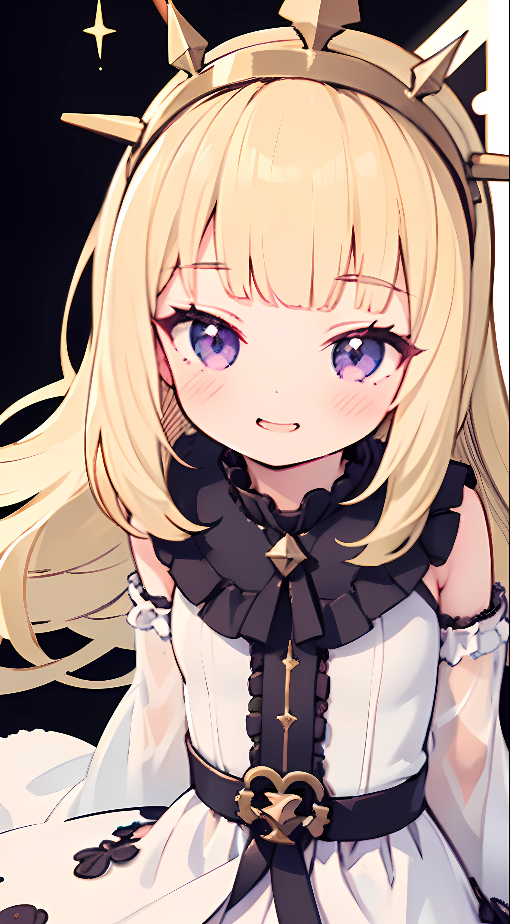 1girl, solo, anime screencap, character illustration, blonde hair, purple eyes, Cagliostro, long hair, CagliostroGrand, white dress, long sleeves, detached sleeves, frills, frilled dress, hairband, small breasts, smile, grin, evil smile, smug, face focus, arms behind back, upper body, looking away, (leaning forward), playful pose, circle framed galaxy, cute girl, sparkles, white background, transparent background, beautiful illumination, sun rays, trending on pixiv, masterpiece, 8k, best quality