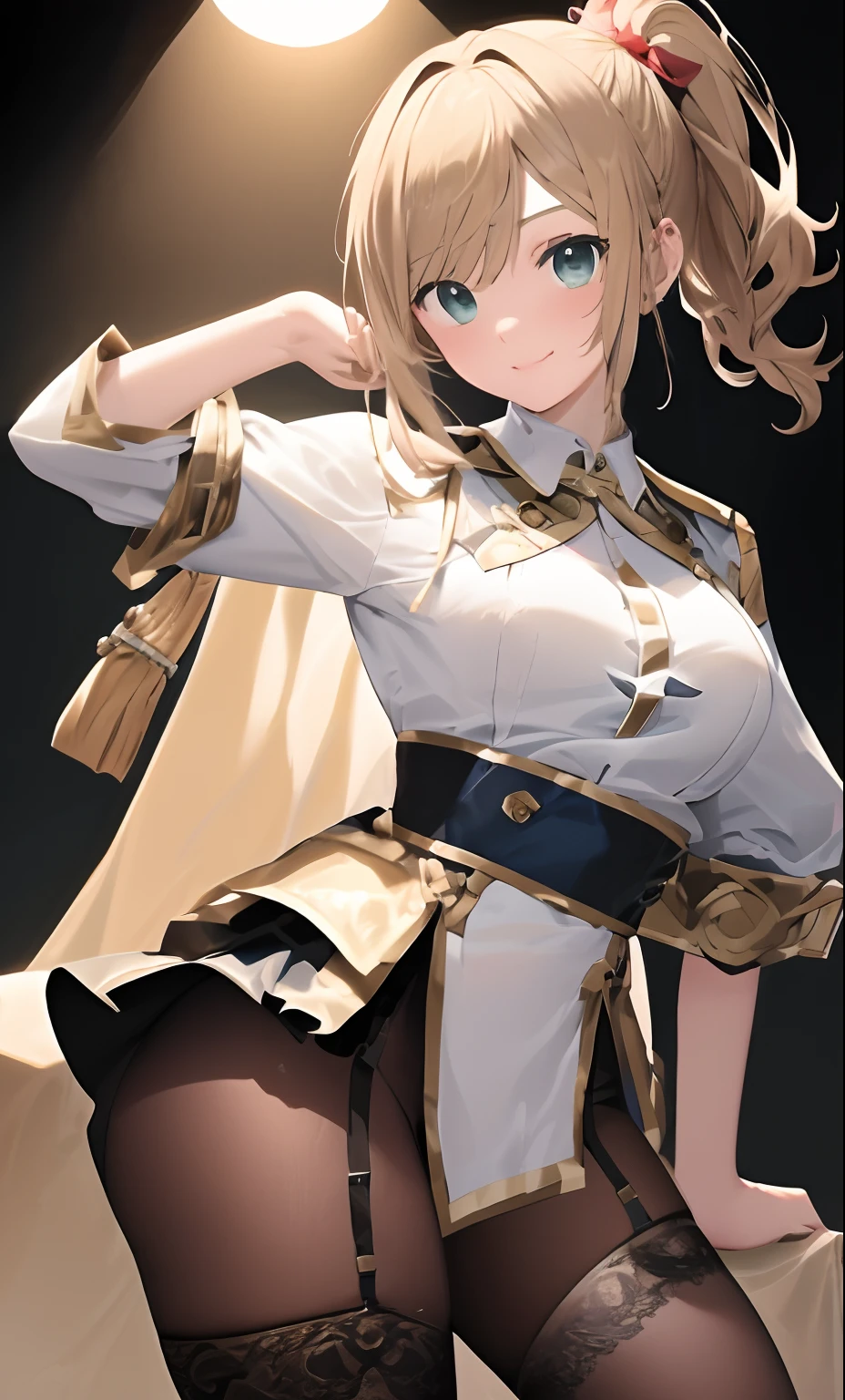 ulzang-6500-v1.1, (RAW photo:1.2), (Photorealistic:1.4), Beautiful detailed girl, Very detailed eyes and face, Beautiful detailed eyes, ridiculous, Incredibly Ridiculous res, hugefilesize, Super detailed, high resolution, Very detailed, Best quality, Masterpiece, ((fashion clothing with diverse colors, Bottom thong,With garter)), Very detailed, CG, unified, 8K wallpaper, Amazing, finedetail, Masterpiece ,Best quality, Very detailed CG uniform 8k wallpaper, light in face, Movie lighting, 1girll, , Brown wavy ponytail curls, side splits, (), ()), (), ((Dynamic pose))), ((Sexy pose))), (camel-toe), (Half), (Pantyhose)), ((Blue hip skirt))