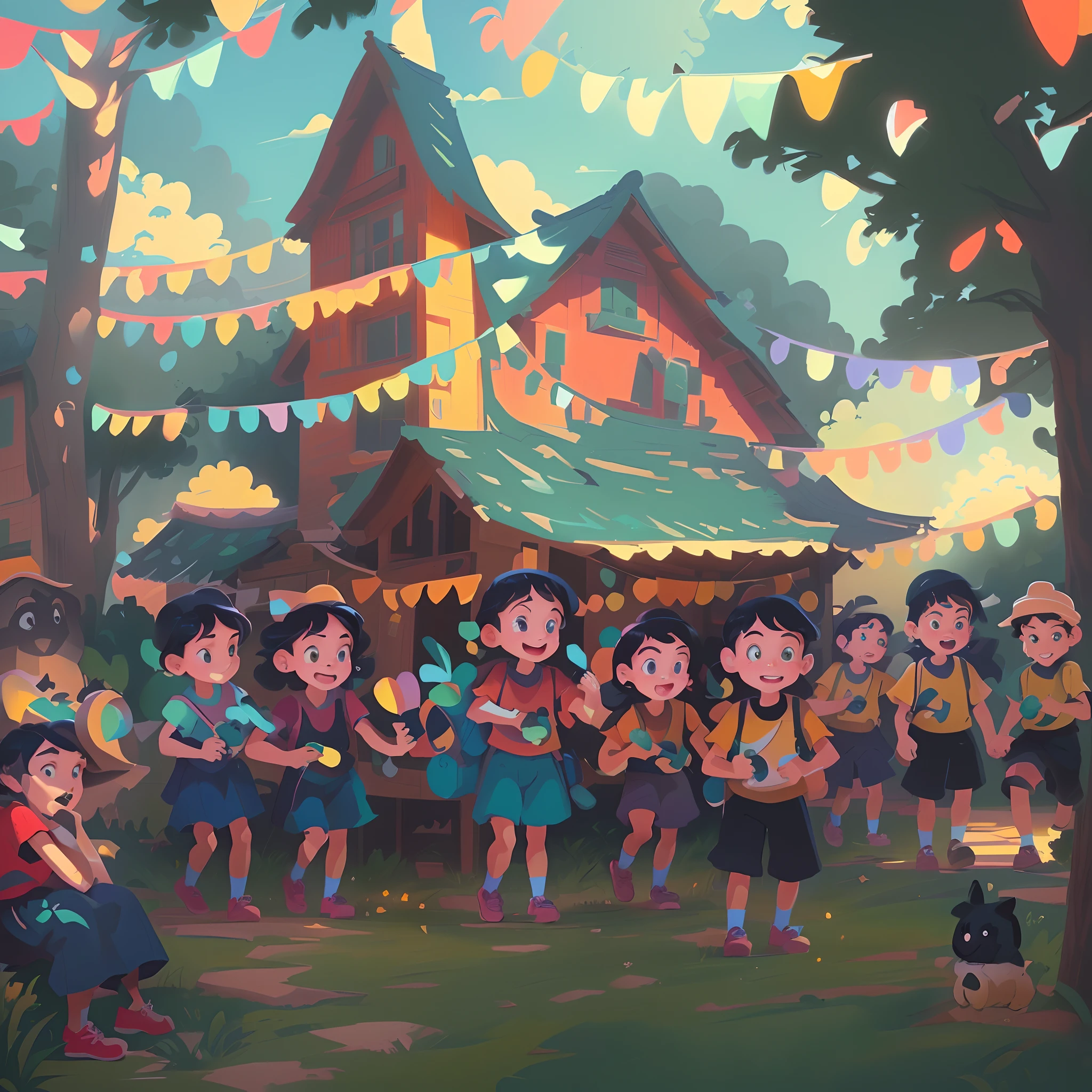Cartoon illustration of a group of children in front of the house, childrens art in artstation, Official illustration, concept art by disney, Official artwork, disney artstyle, A beautiful artwork illustration, official fanart, author：Ryan Yee, concept art by disney :: nixri, colorful kids book illustration, in style of atey ghailan, offcial art, atey ghailan 8 k