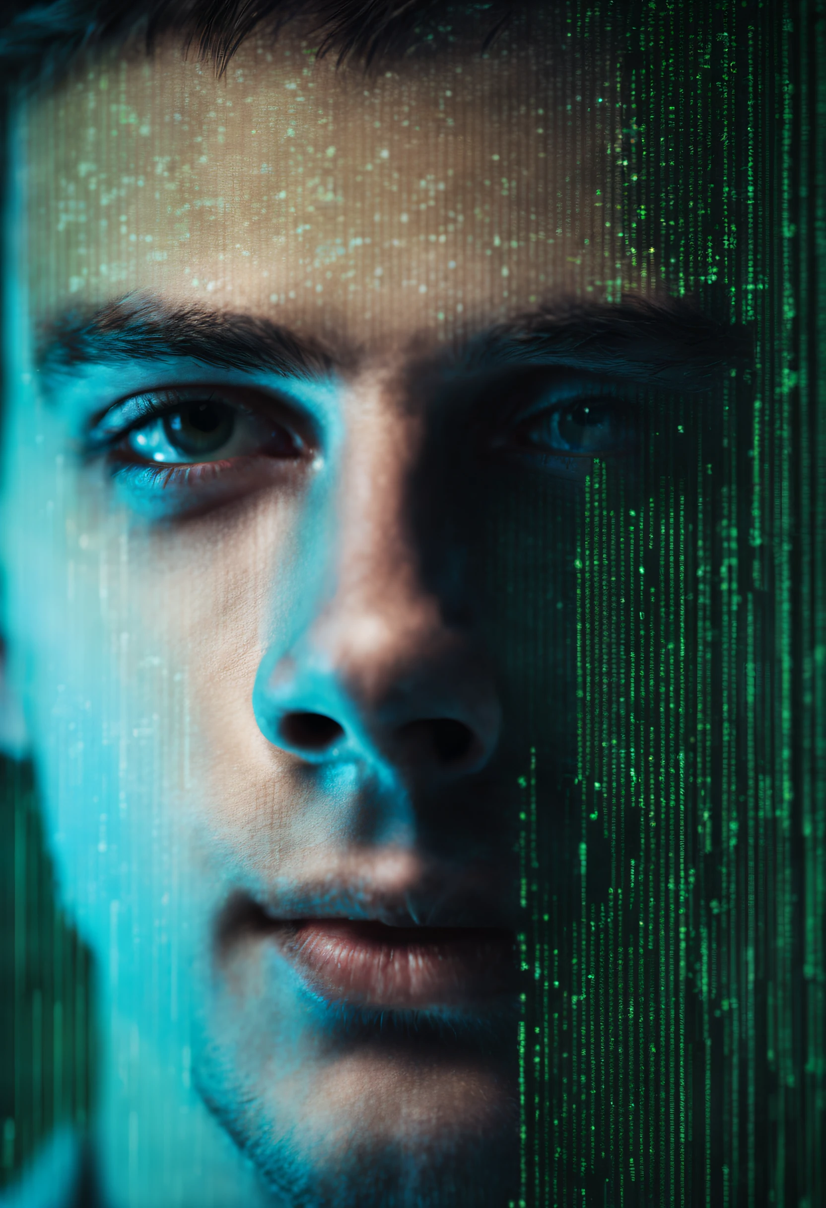 super close-up of computer screen showing lines of hacker code, readable command lines, blinking cursor, screen glow, reflection on the screen of a young man, hyperrealistic