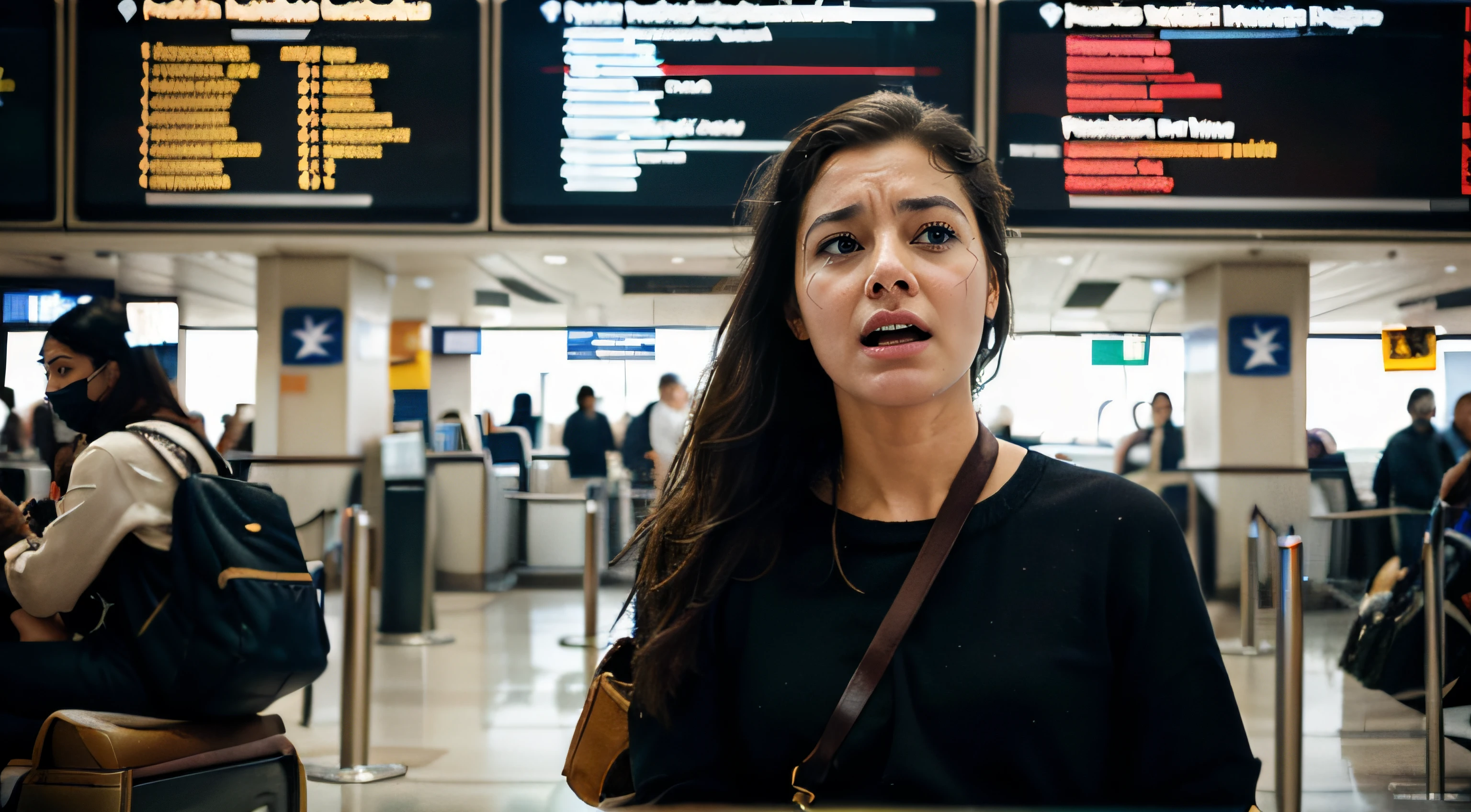 A crowded airport terminal filled with frustrated passengers. They are visible in various states of exasperation, with disheveled appearances, furrowed brows, and restless body language. The environment is characterized by bustling chaos, delayed flight boards, and an overall sense of pandemonium.

Style: Documentary Photography
Execution: Captured with a documentary-style approach, using candid shots to emphasize the authenticity of passengers' frustrations in an airport setting.